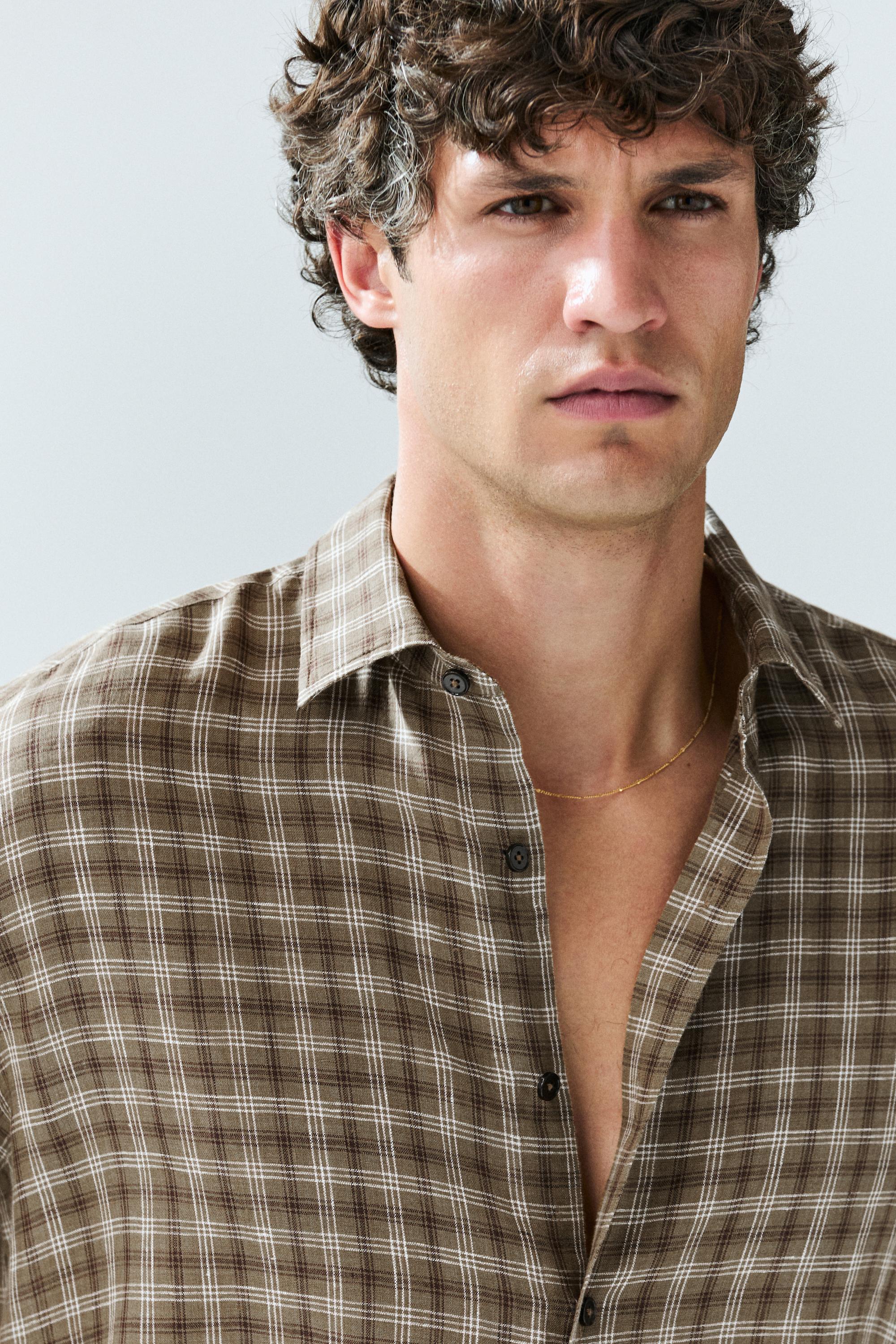 100% linen regular fit check shirt — BROWN MARL