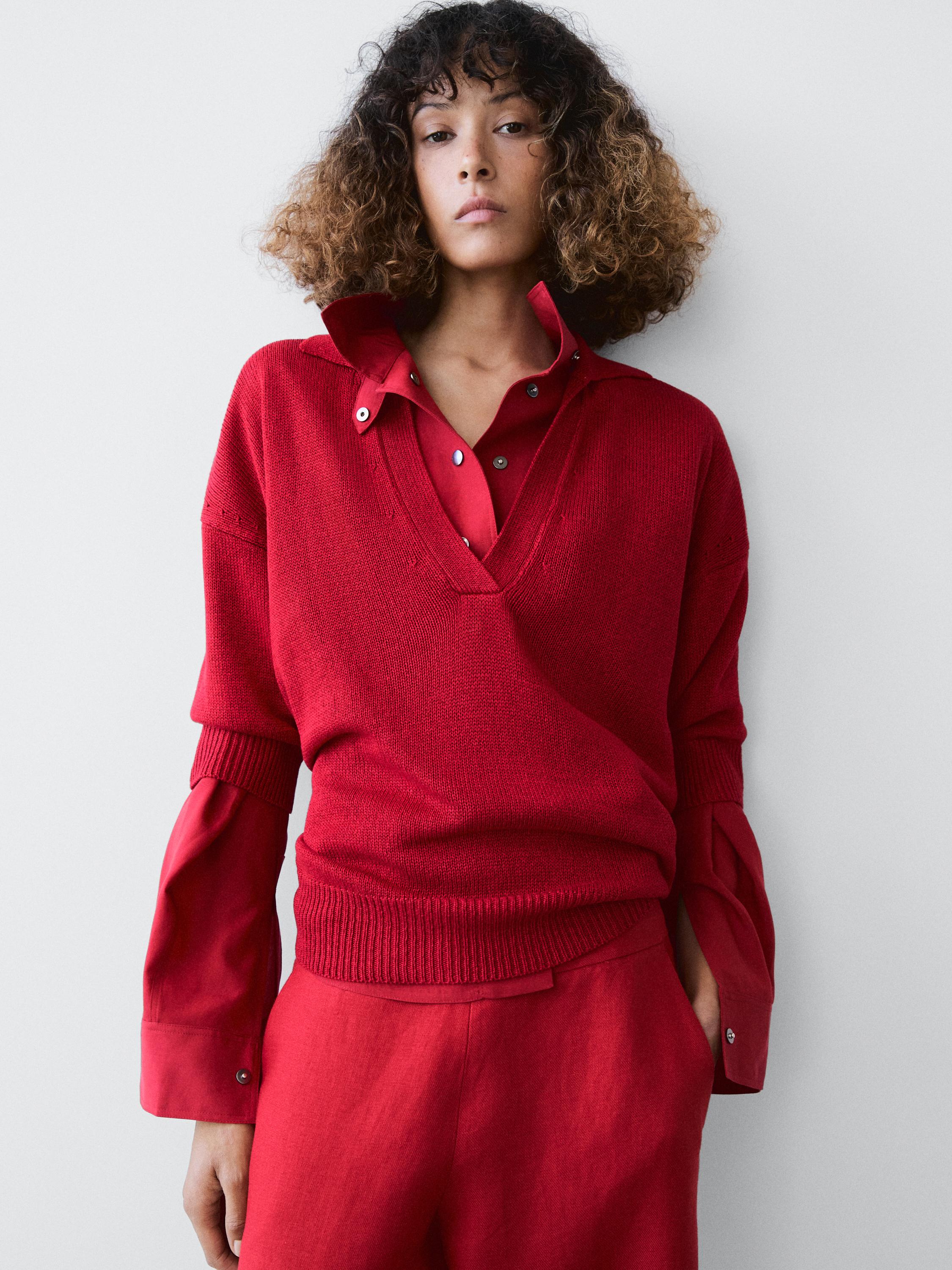 Flowing knit polo sweater — RED