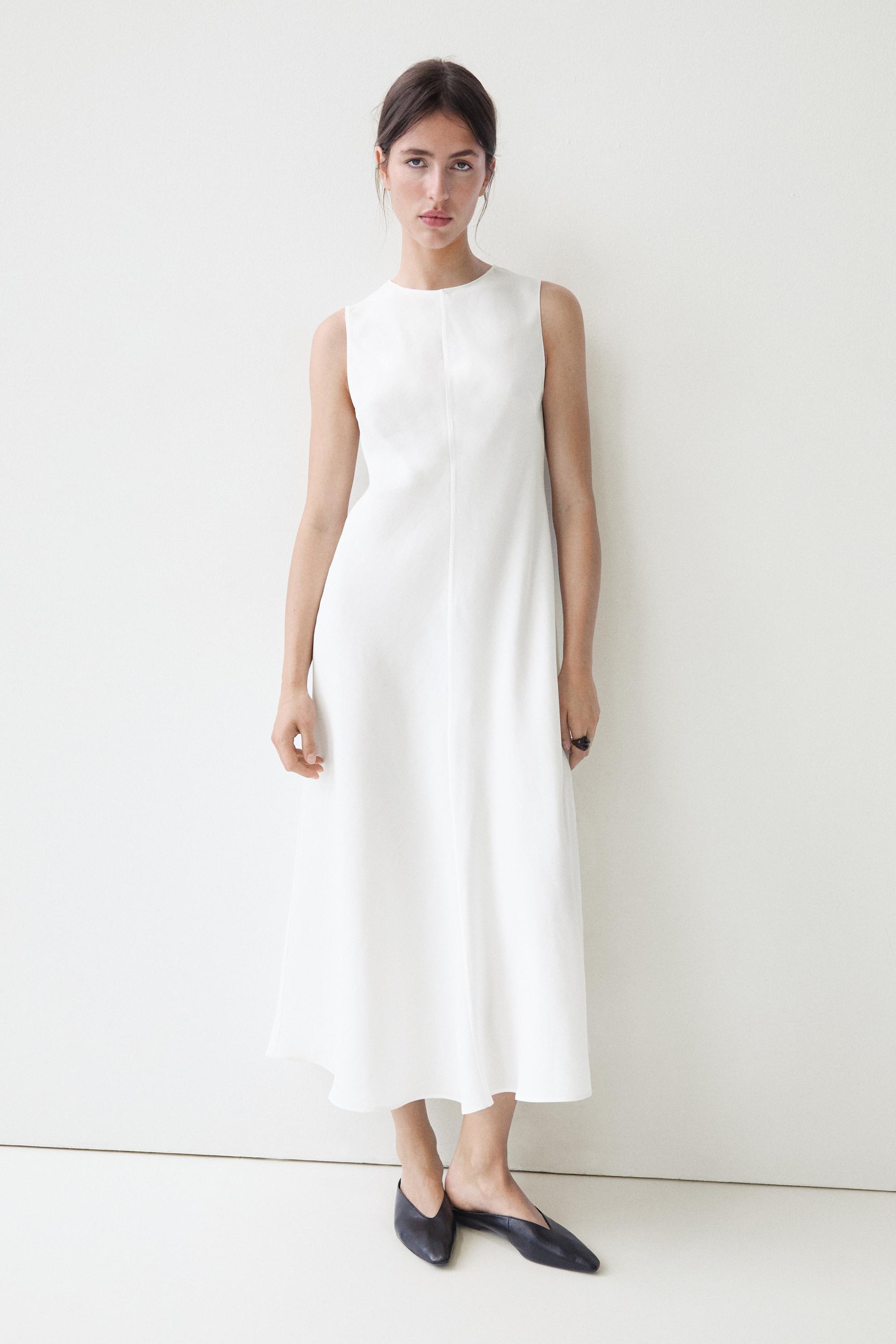 a line white midi dress Stitched A-line Twill shopaleena See tea Flowing Linen Midi Dress -