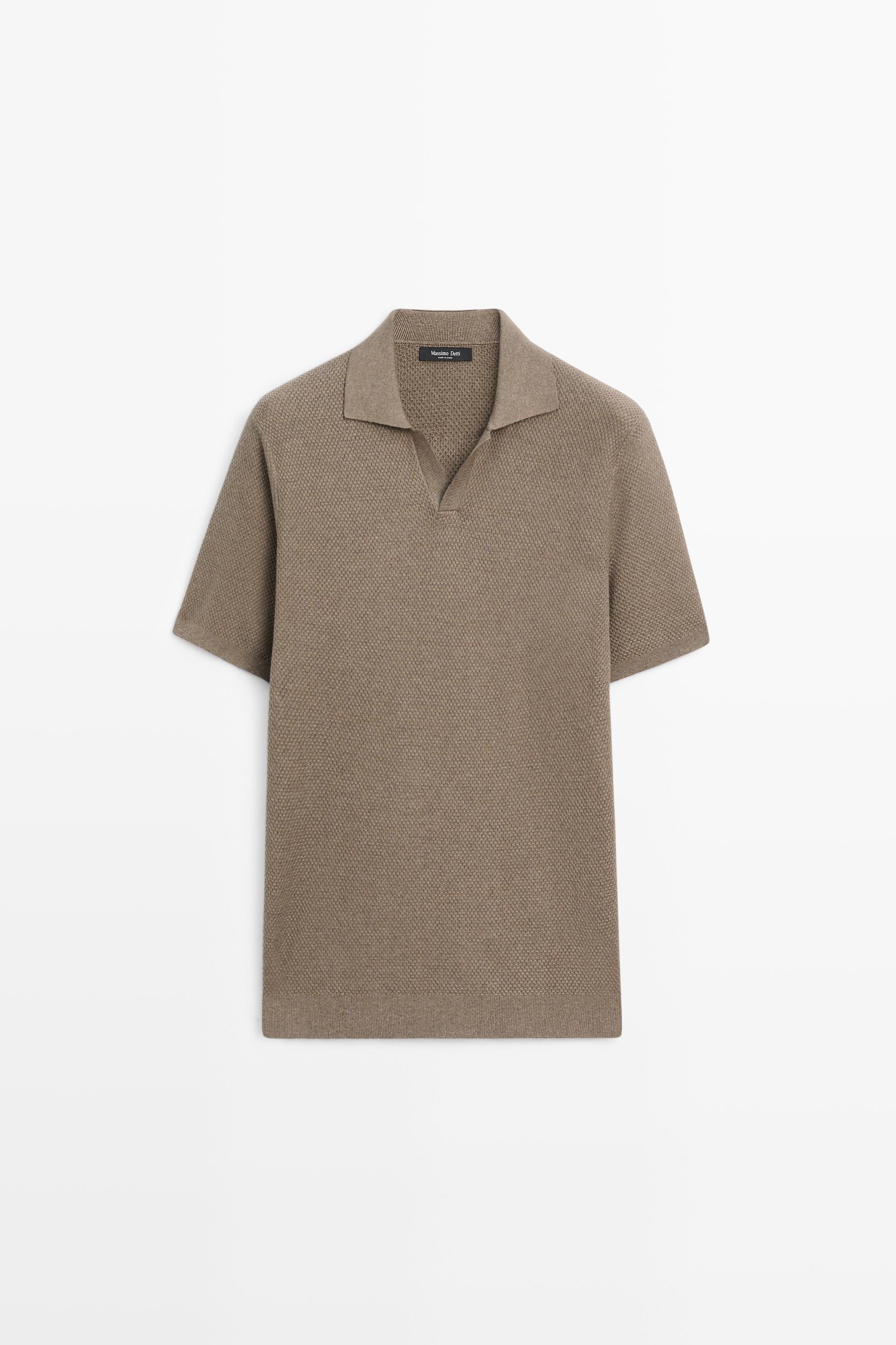 Cotton blend knit V-neck polo shirt — KHAKI