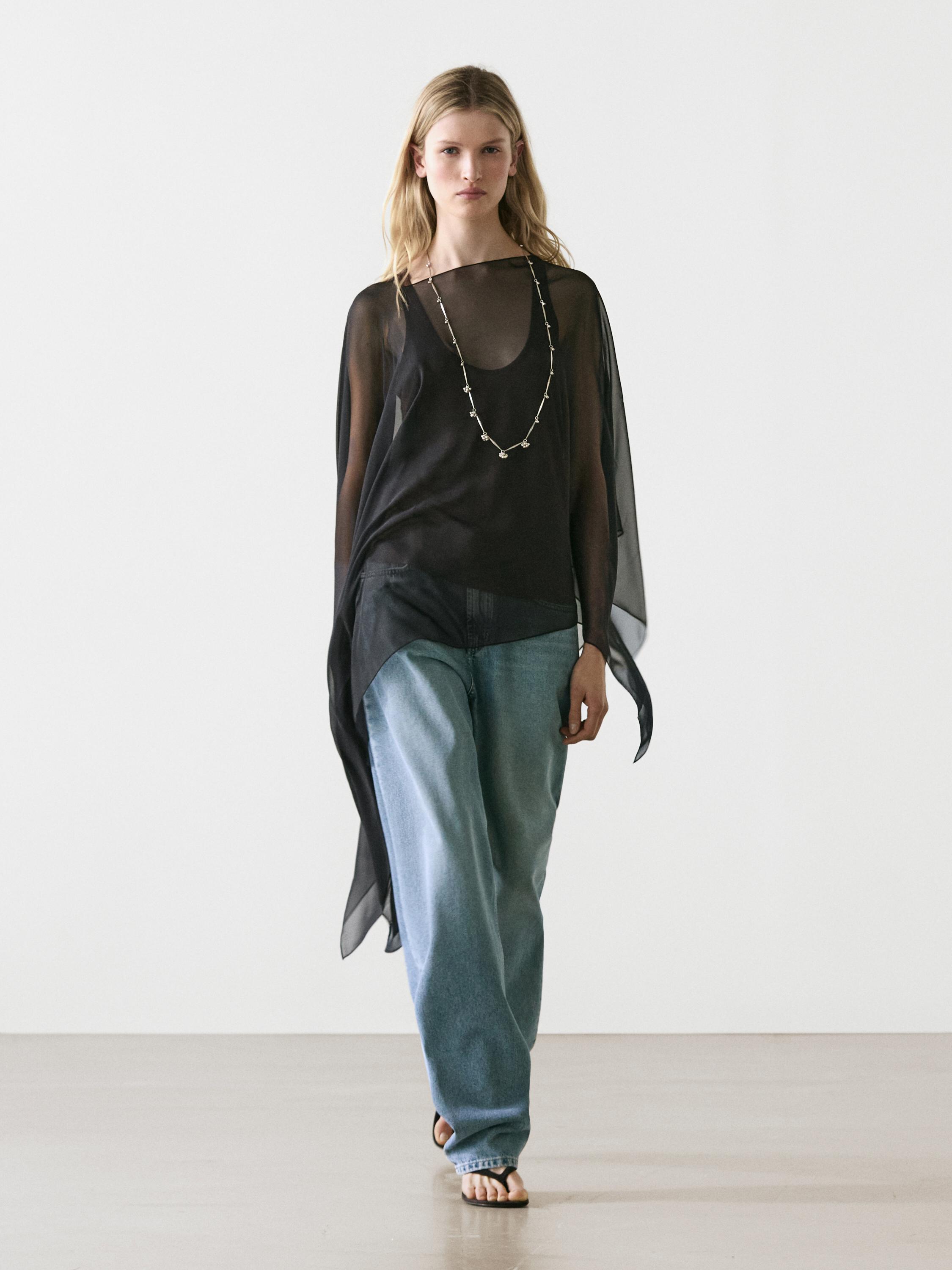 Asymmetric cut silk cape — BLACK