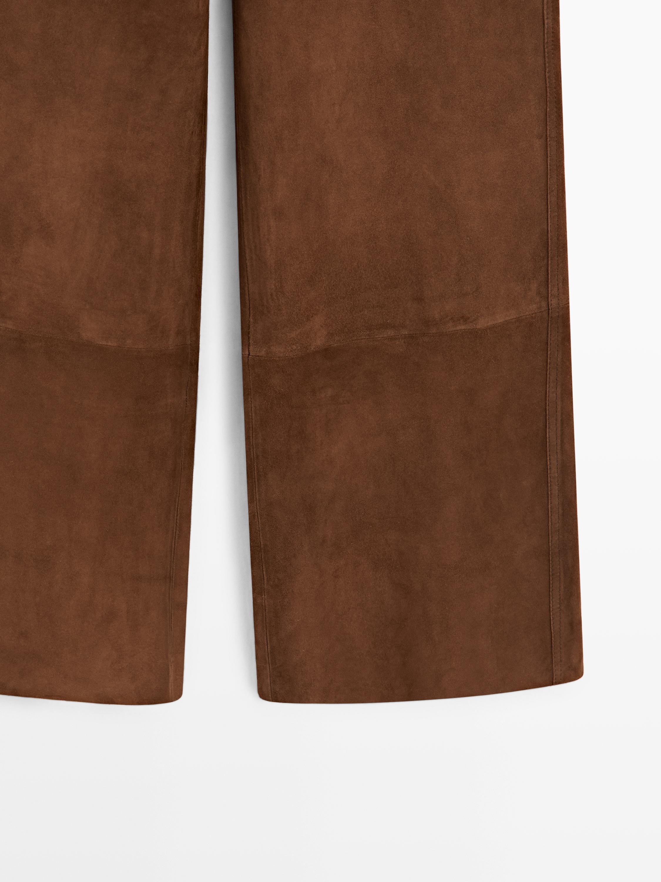Suede leather wide-leg trousers with pockets — BROWN