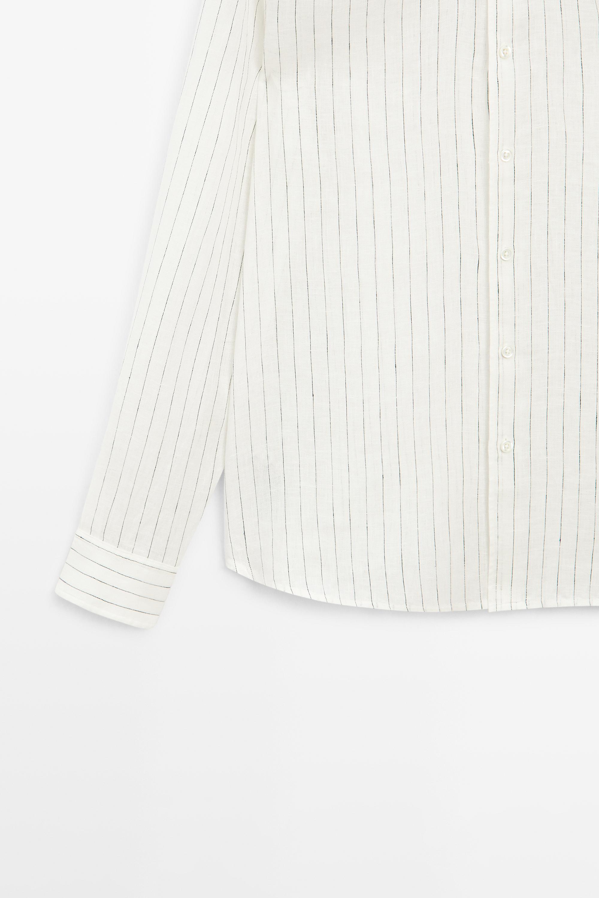 100% linen regular fit striped shirt — CREAM