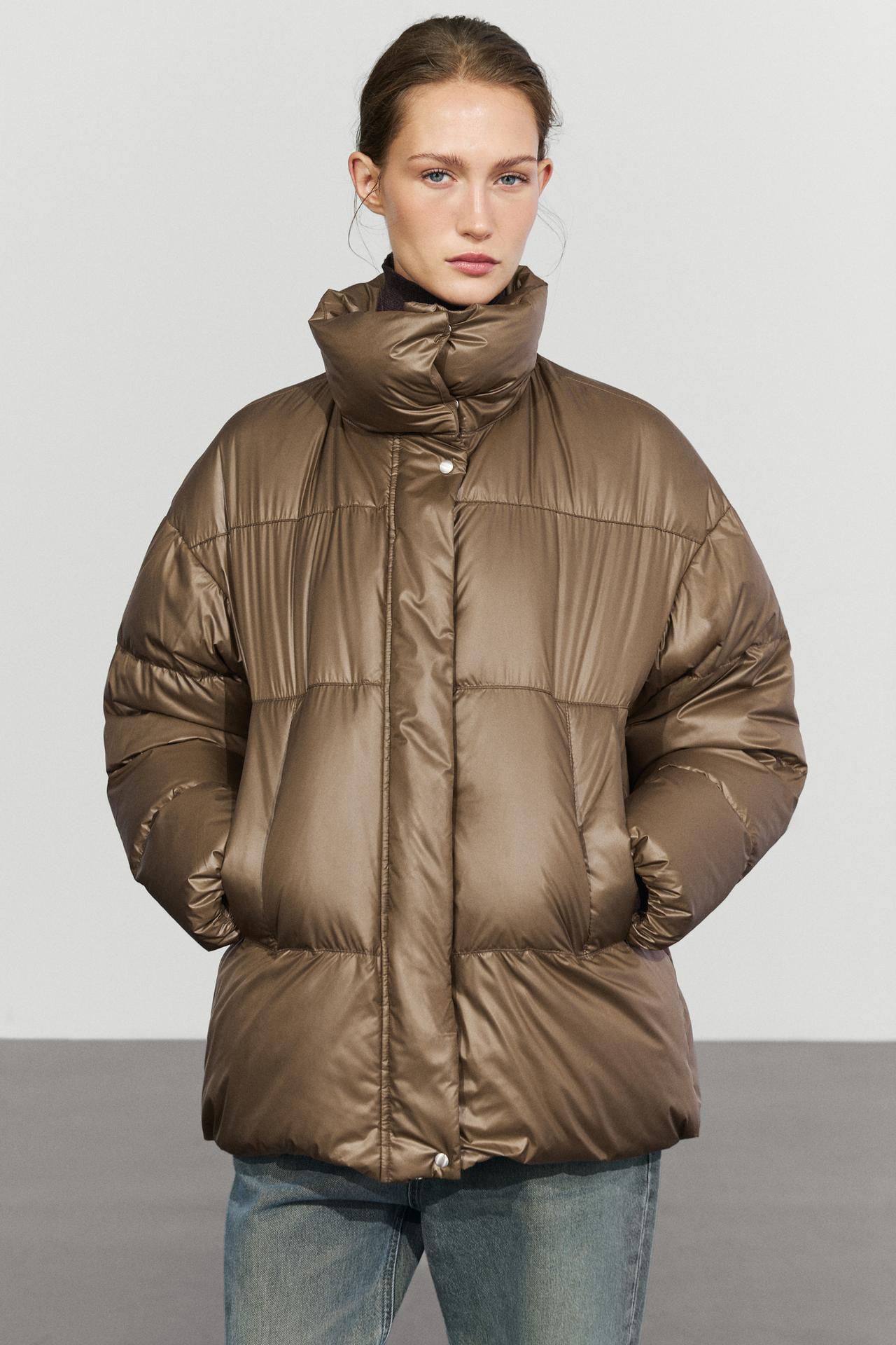 Down jacket with plaid interior detail — CAMEL