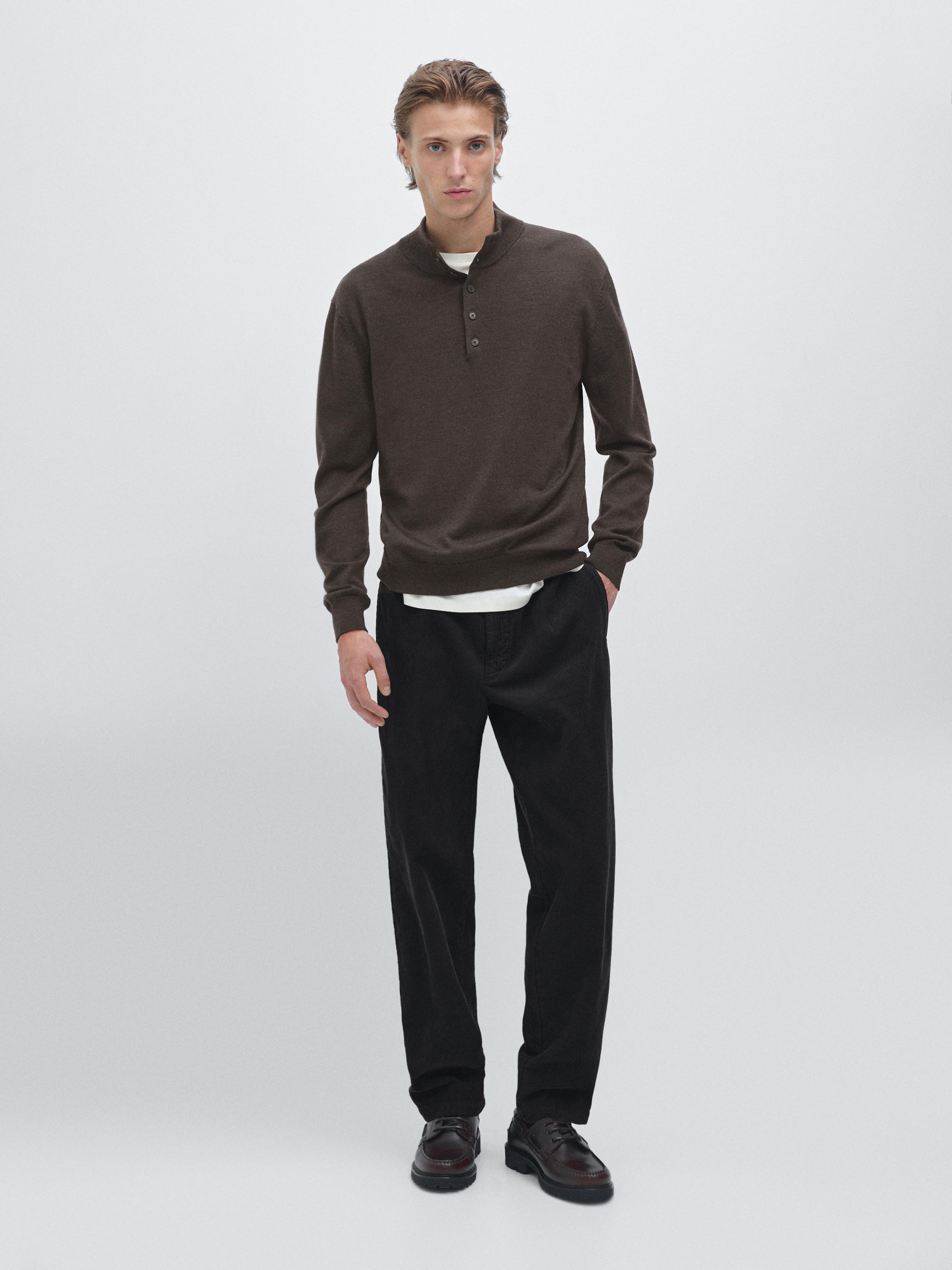 100% wool mock neck sweater with buttons