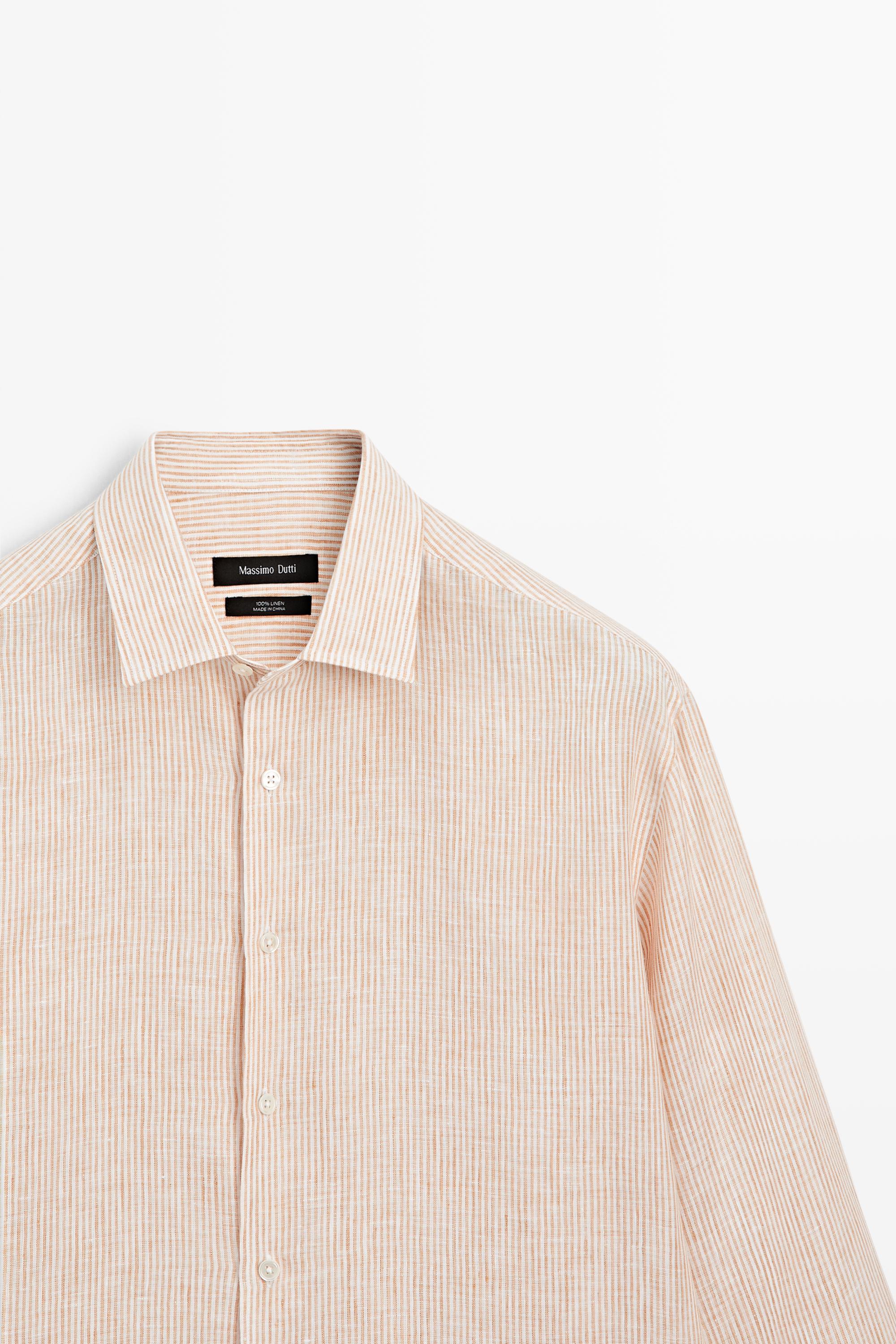 100% linen regular fit striped shirt — Light Beige