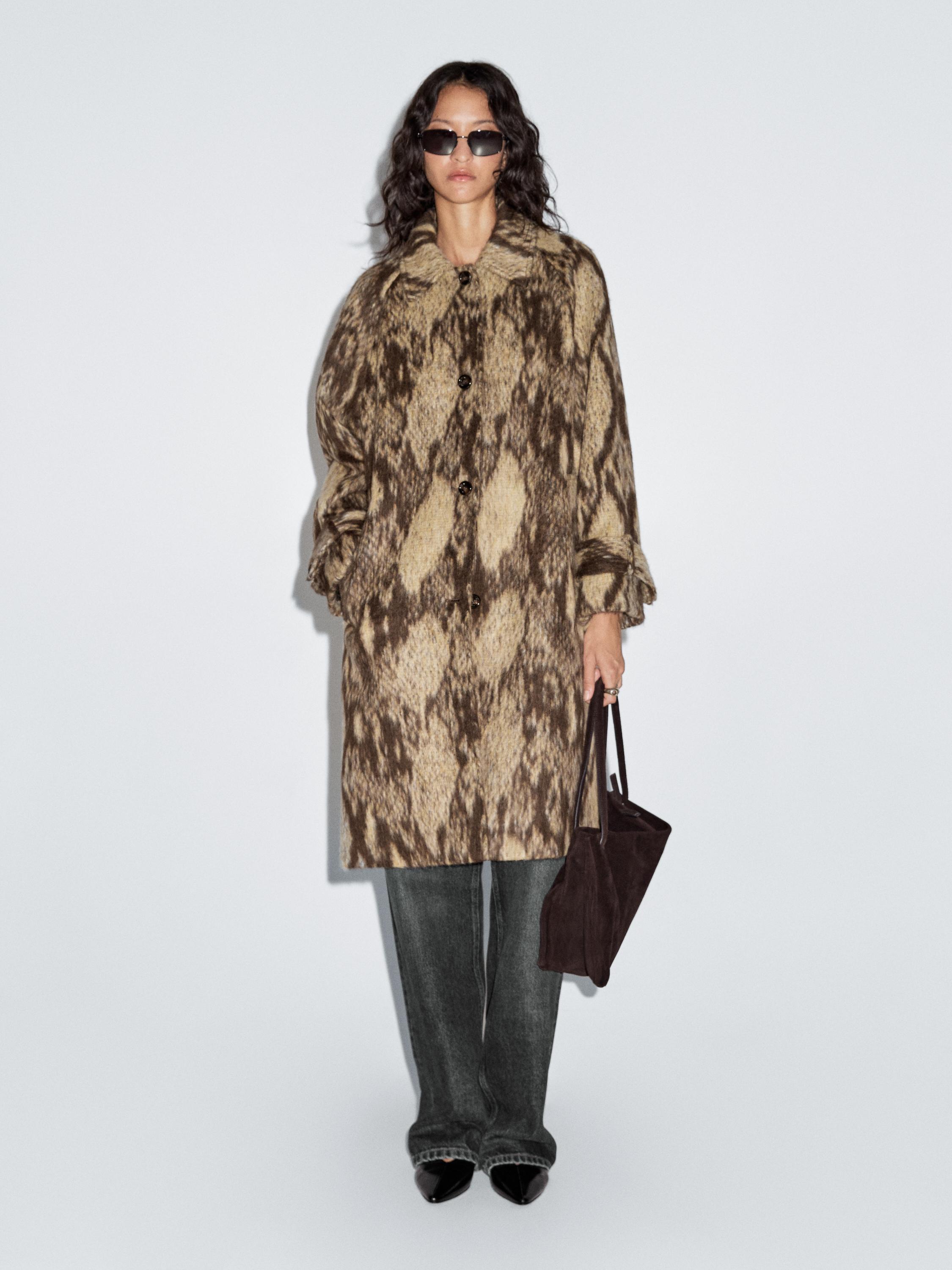 Long wool blend snakeskin print coat