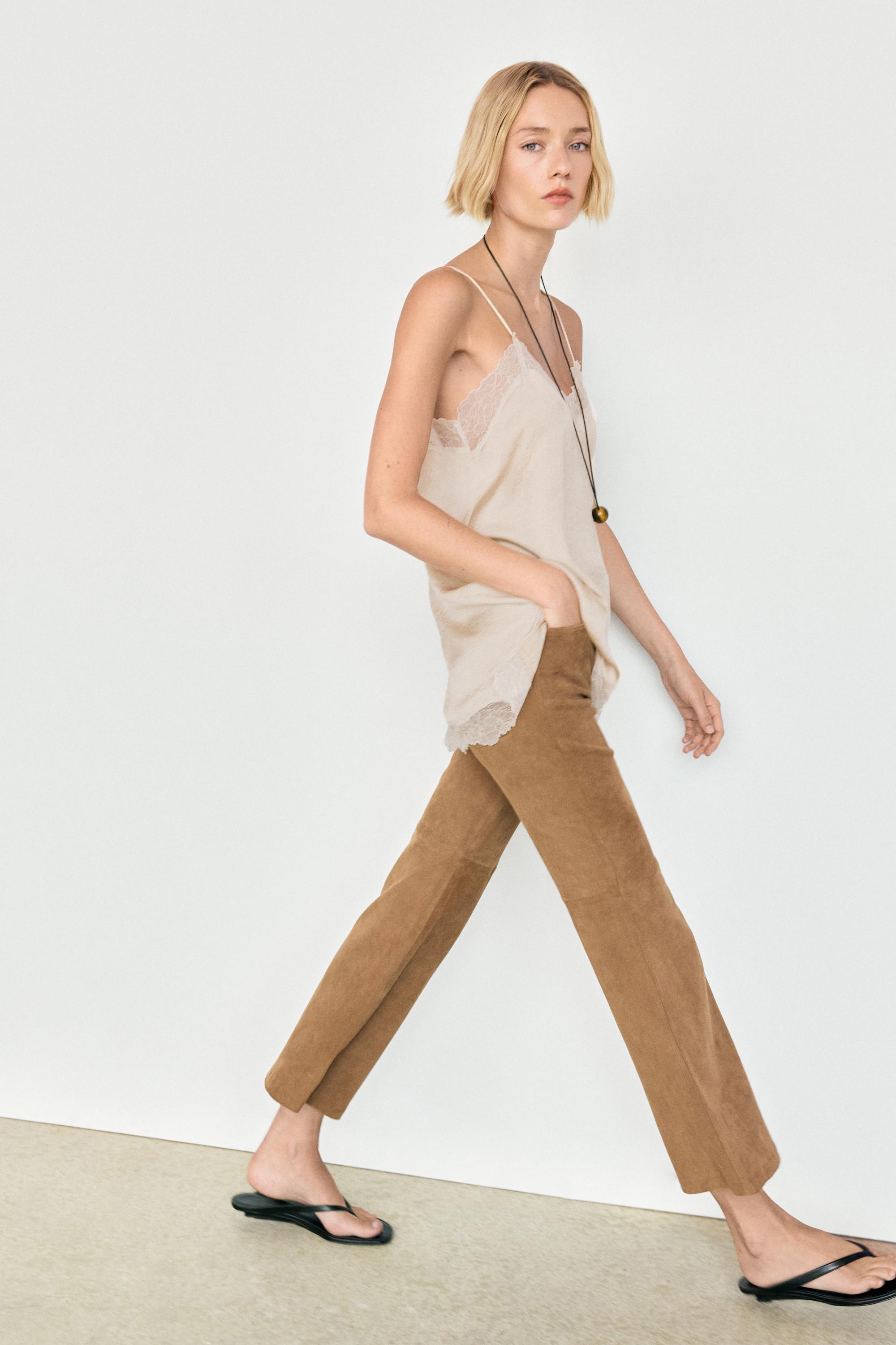Cropped suede leather flare fit leggings — MOLE BROWN