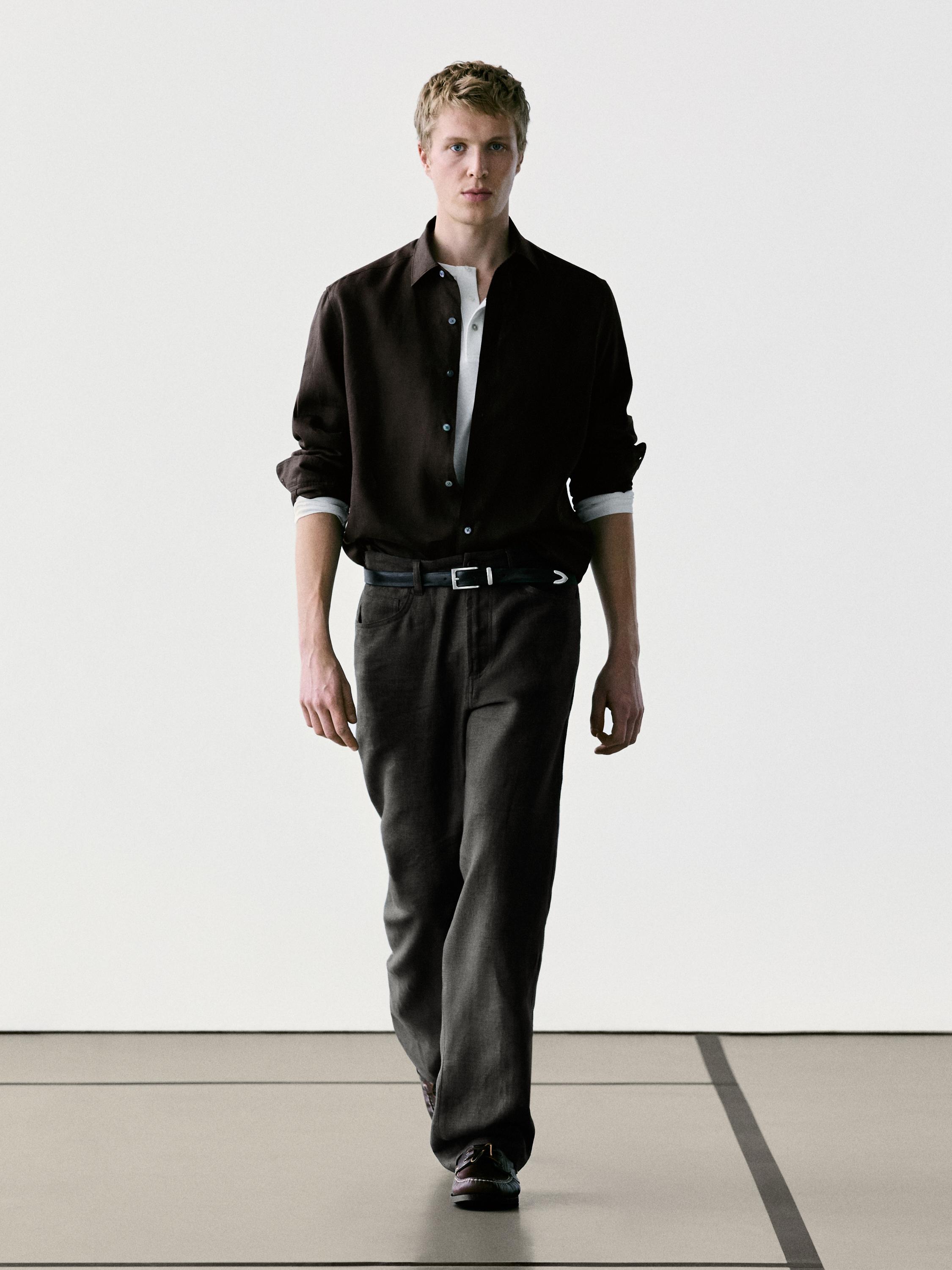 Extra fine regular fit linen shirt — BROWN