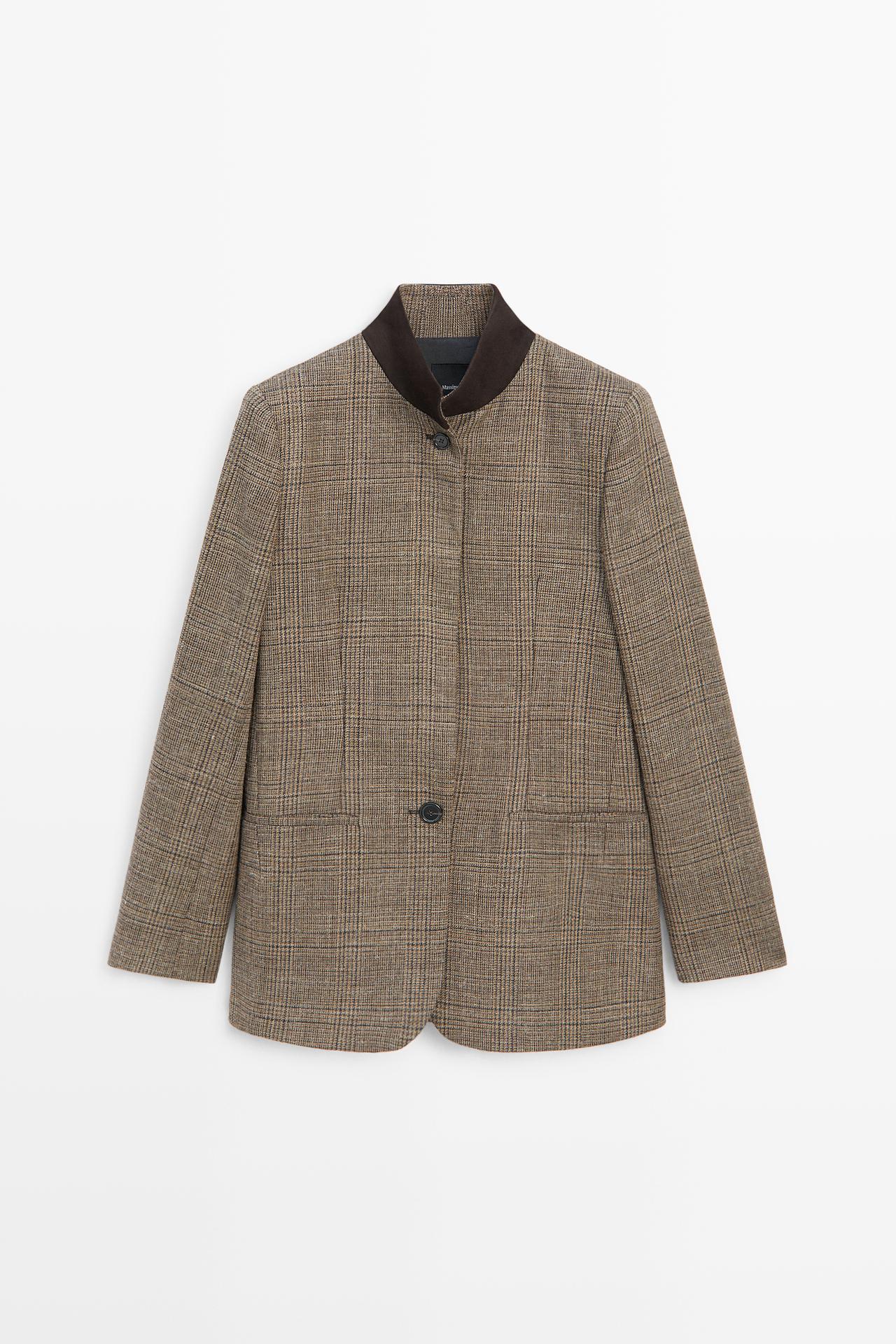 Checked blazer with contrast collar — BROWN