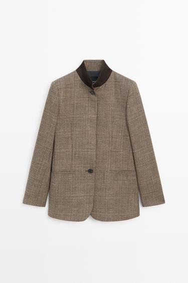 Checked blazer with contrast collar — BROWN 2
