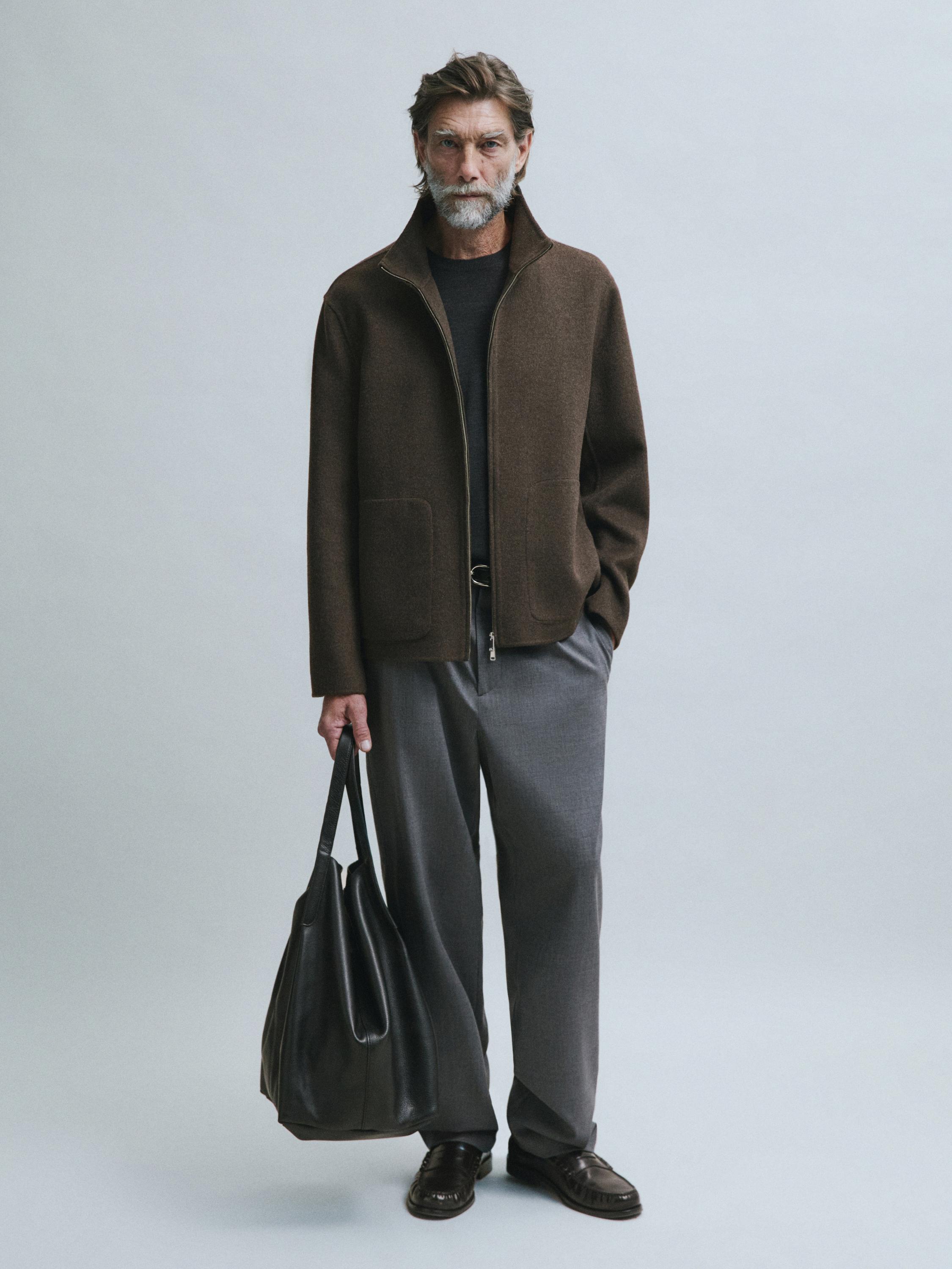 Wool blend double fabric high neck jacket — BROWN