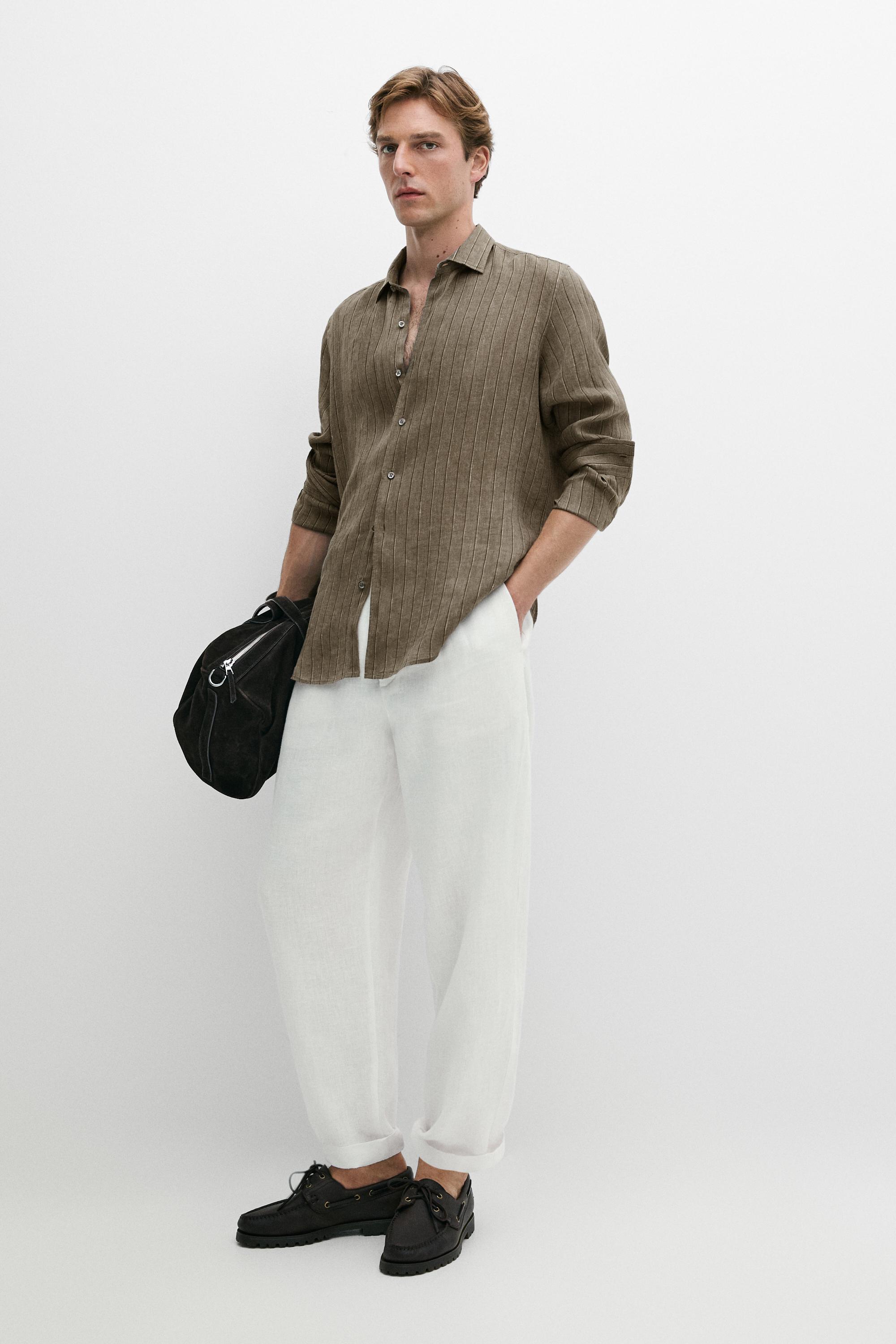 100% linen regular fit striped shirt — DARK GREEN