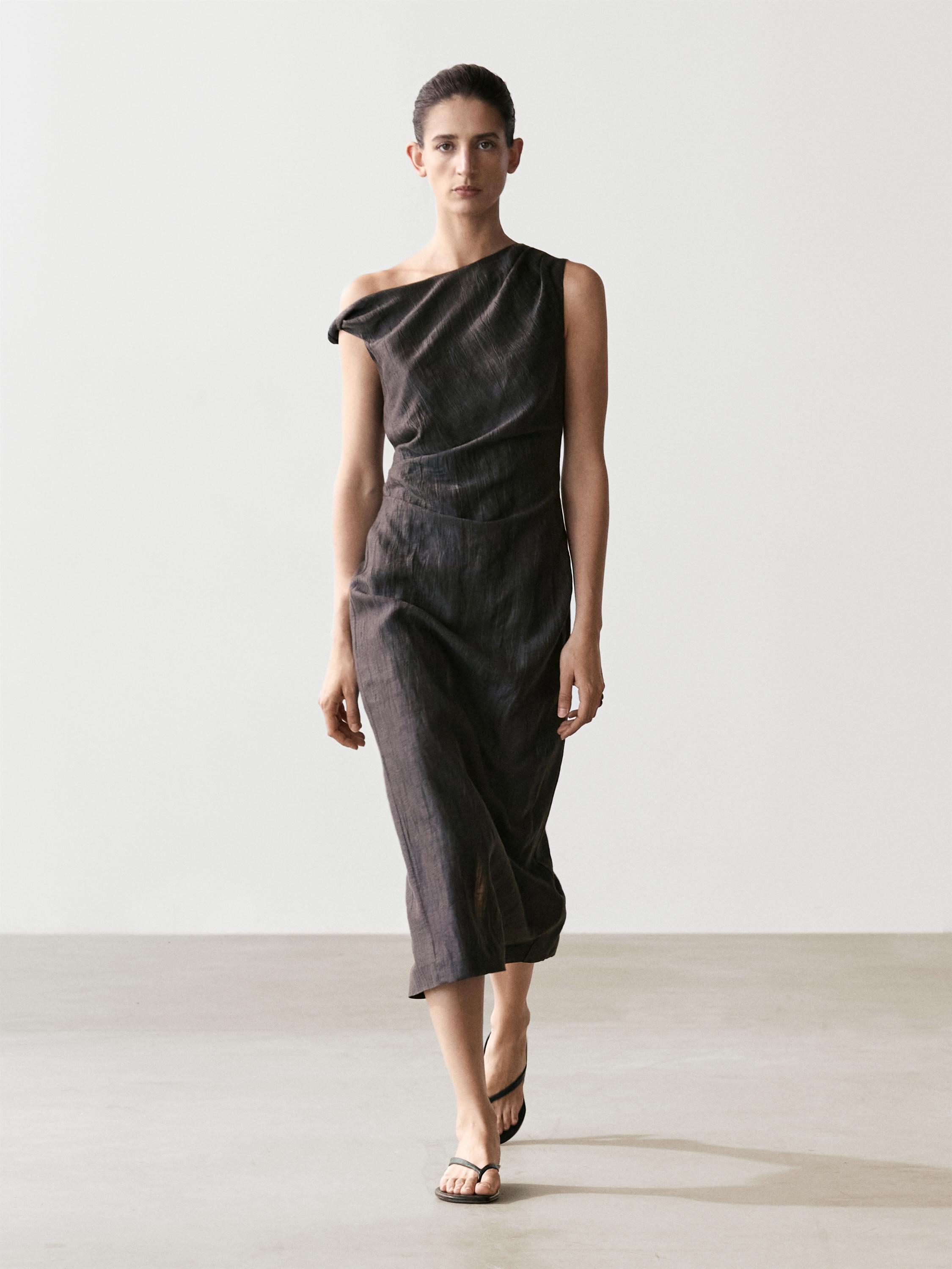 Midi dress with pleated shoulder detail — DARK GREY