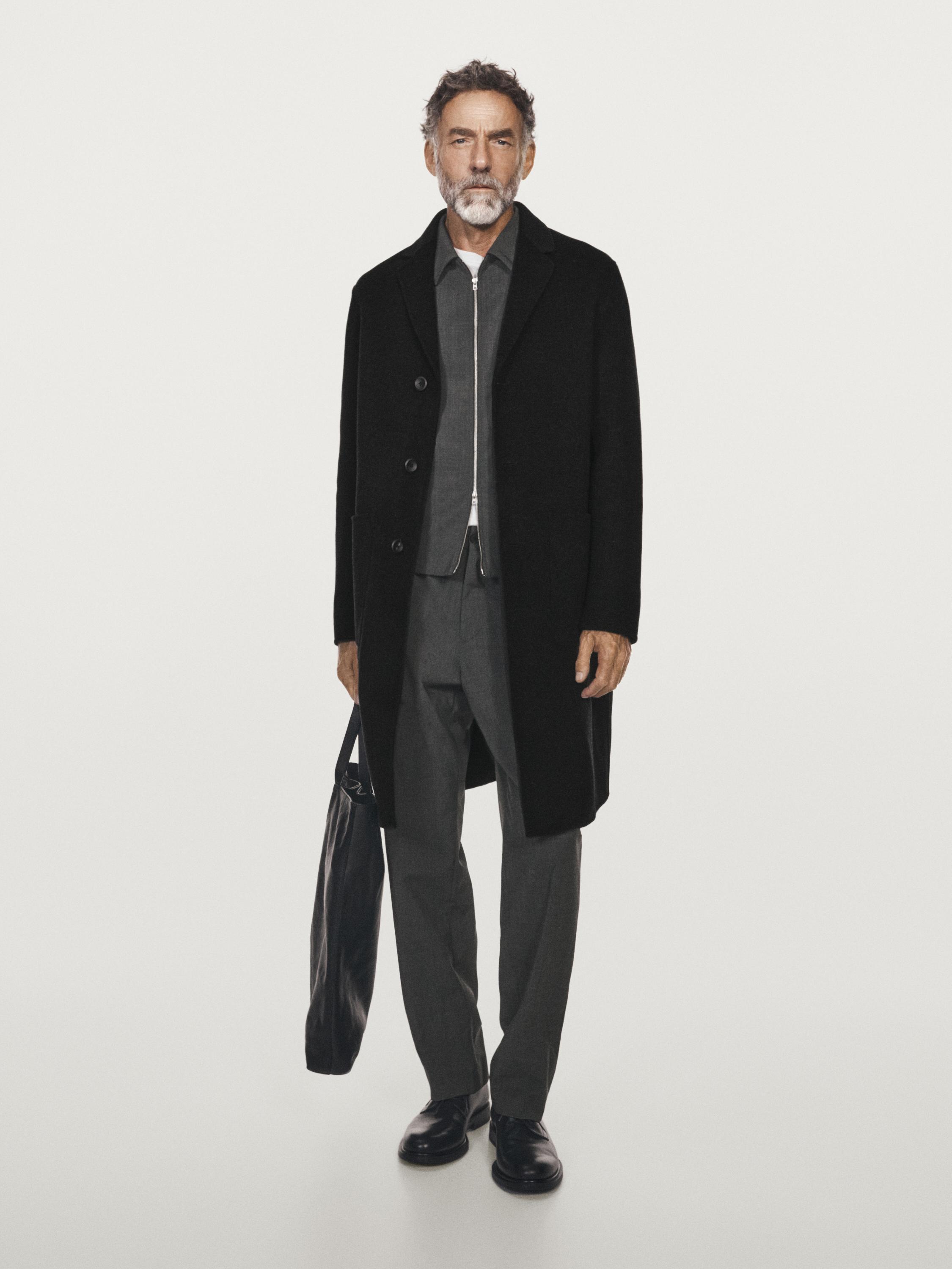 Long wool blend coat with lapel collar