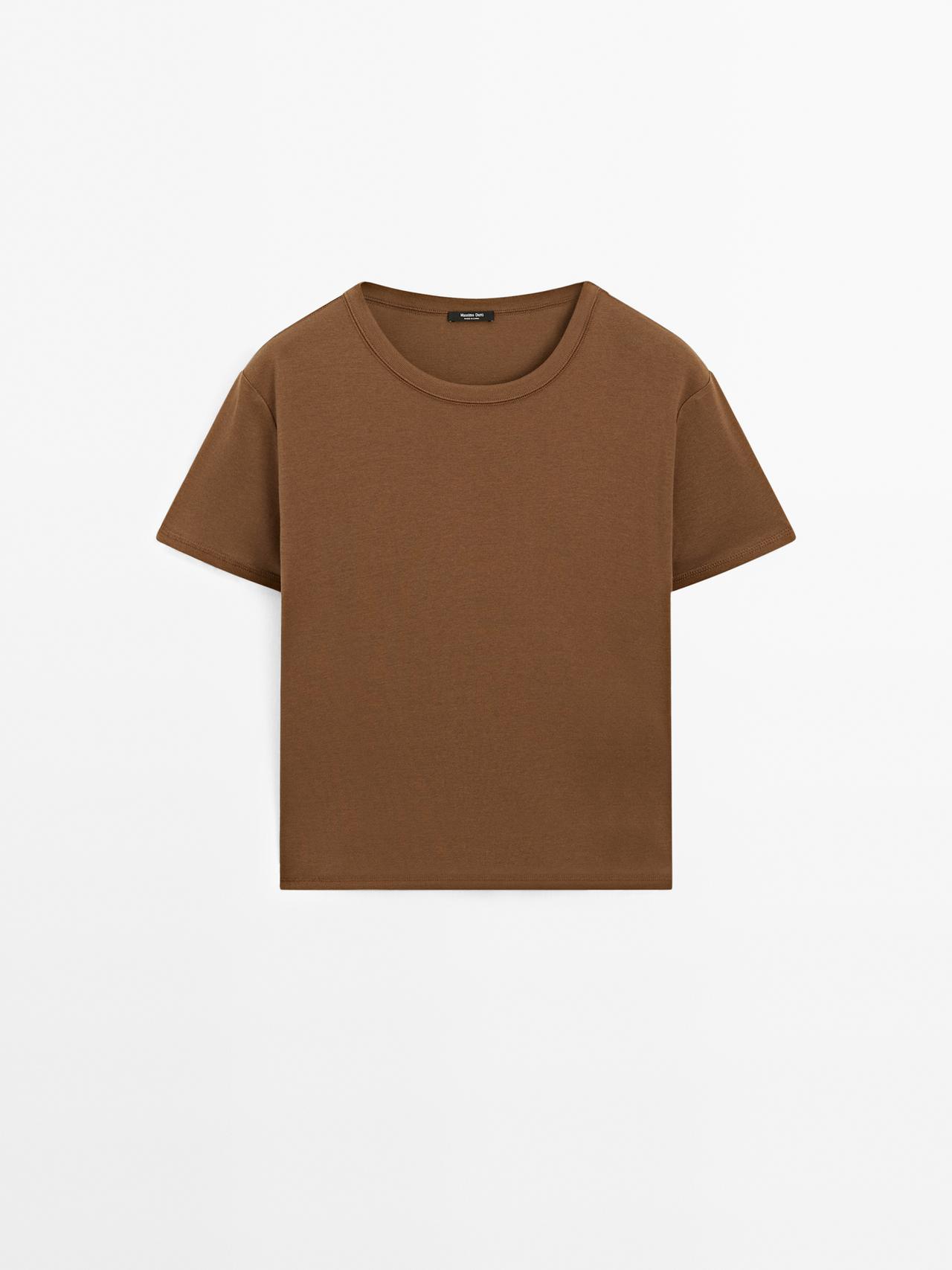 Massimo Dutti - Dame - Regular Fit T-Shirt Med Kravedetalje - Brun - L