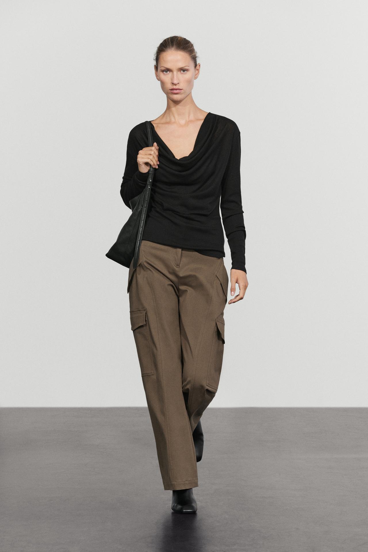 Long sleeve top with draped neckline — BLACK