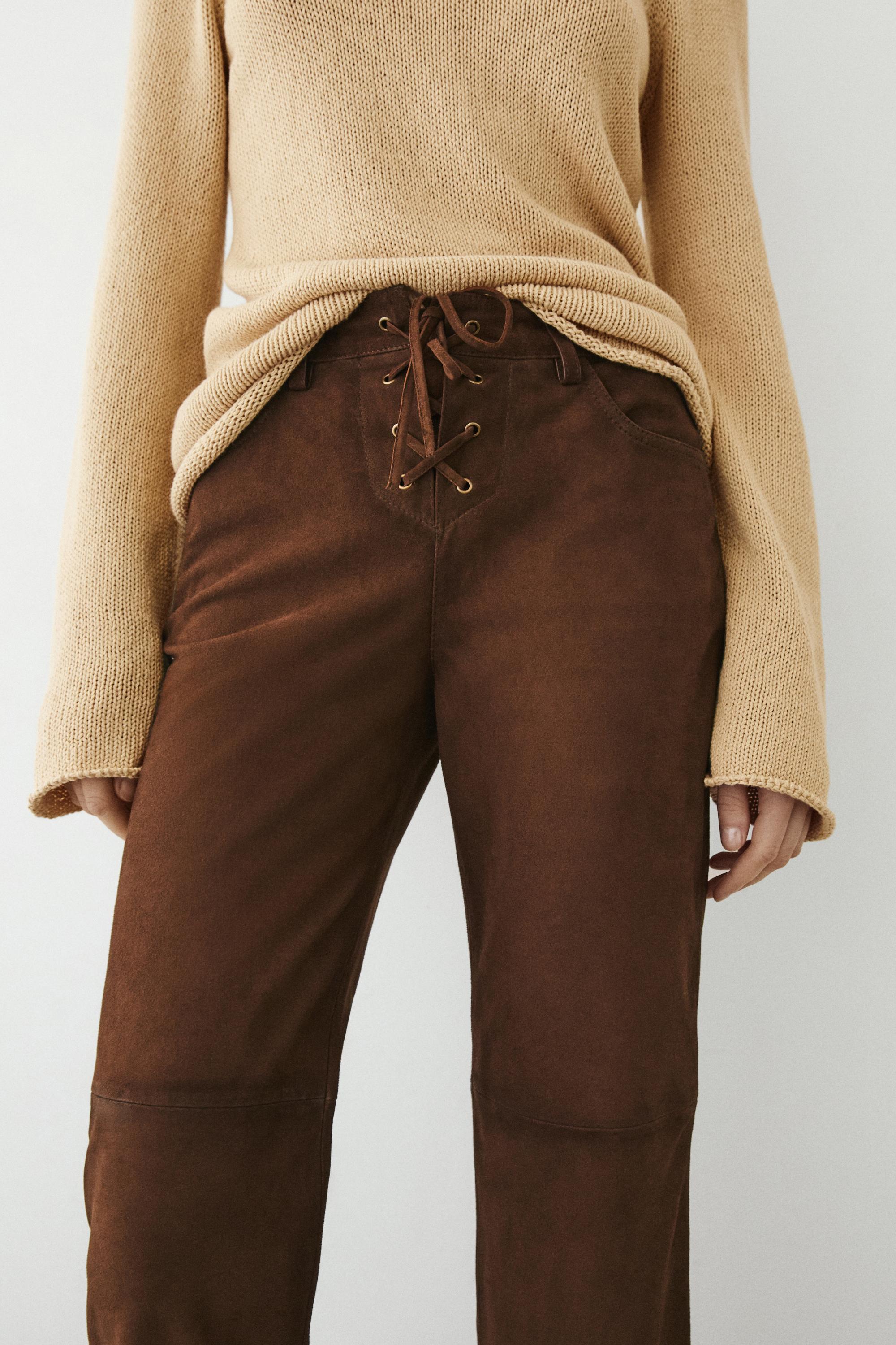 Cropped suede leather trousers with drawstrings — BROWN