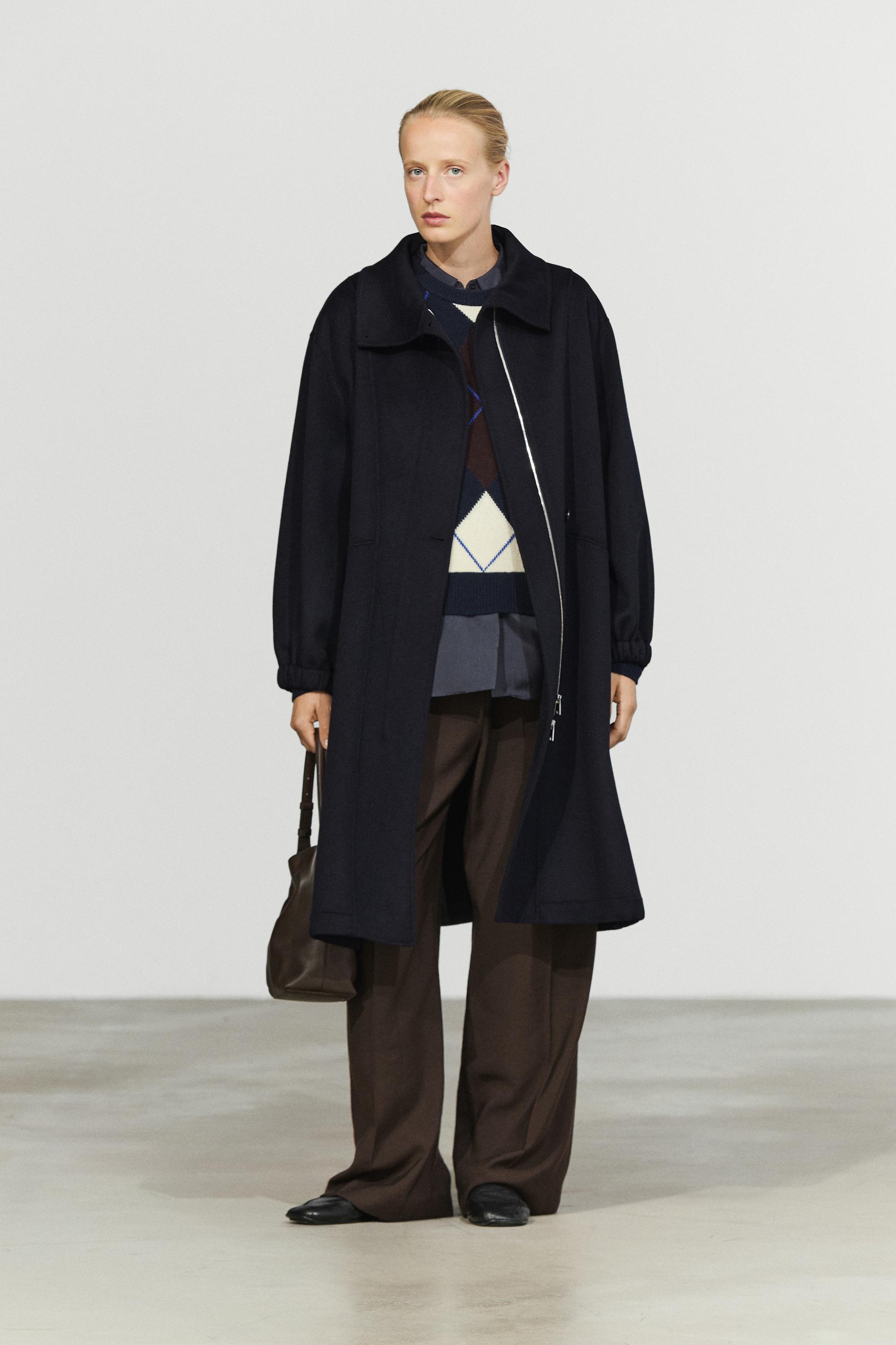 Long wool blend high-collar parka — NAVY BLUE