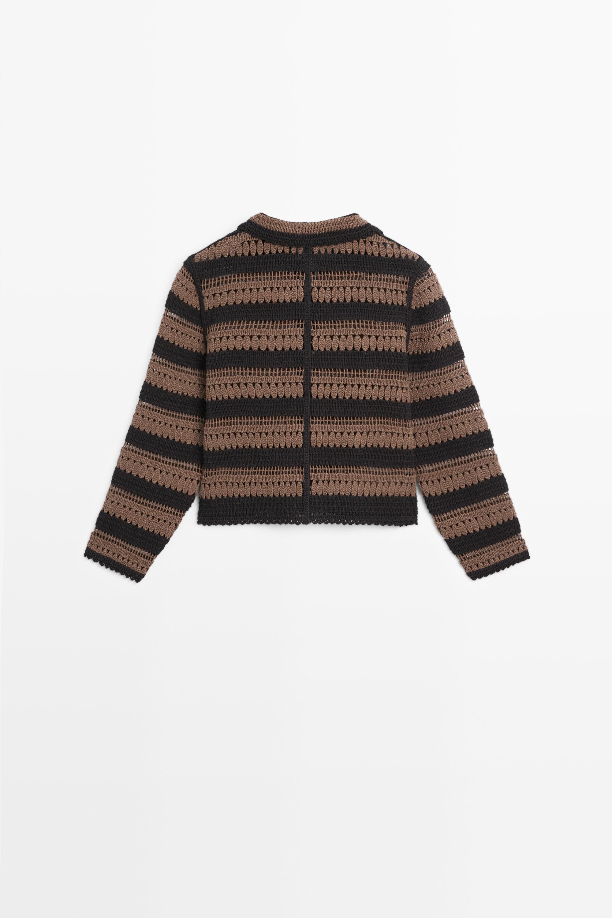 Short striped crochet knit cardigan — BROWN