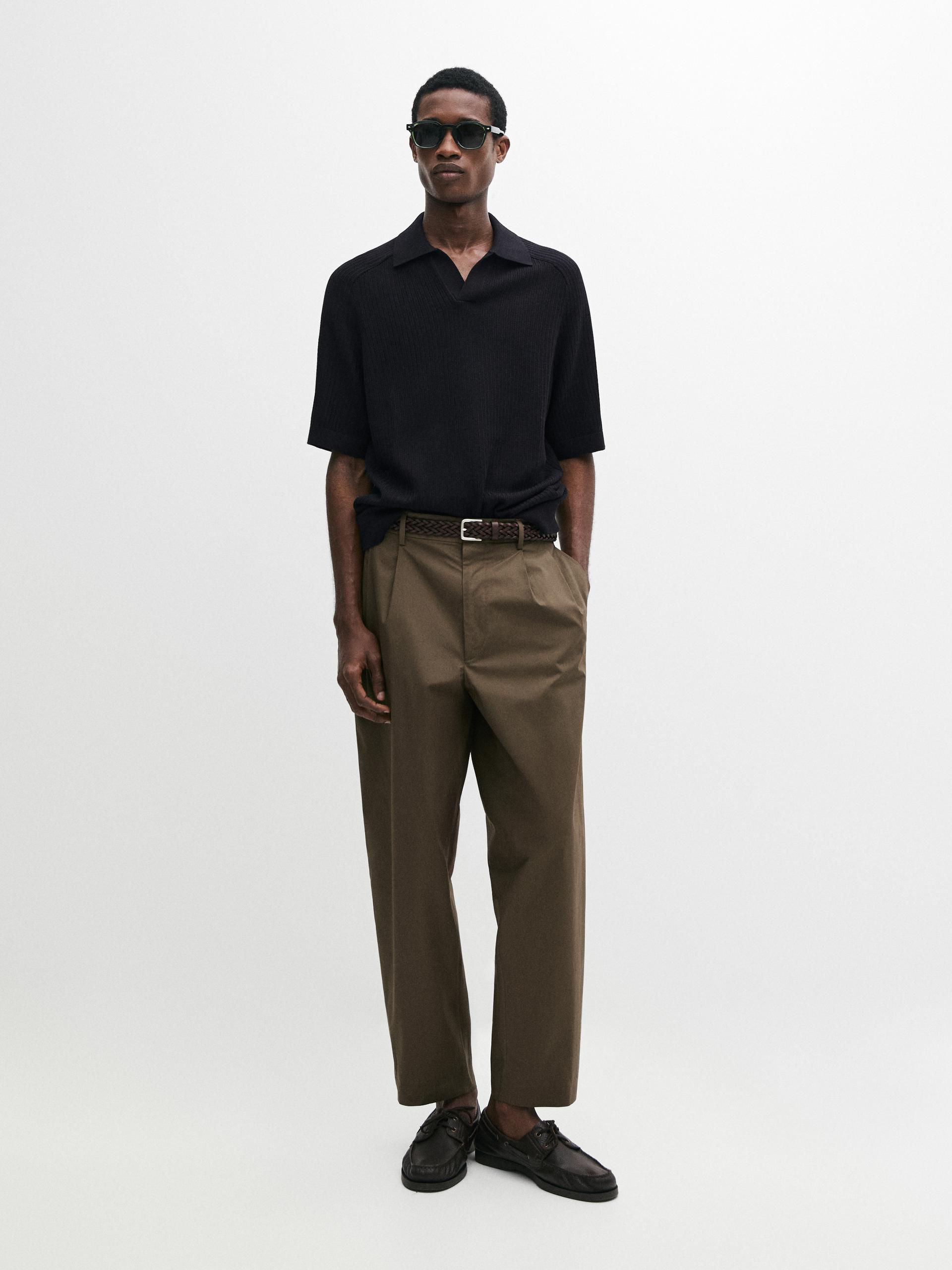 Pull Polo Maille Côtelée Coton - Bleu Marine - M - Massimo Dutti - Homme