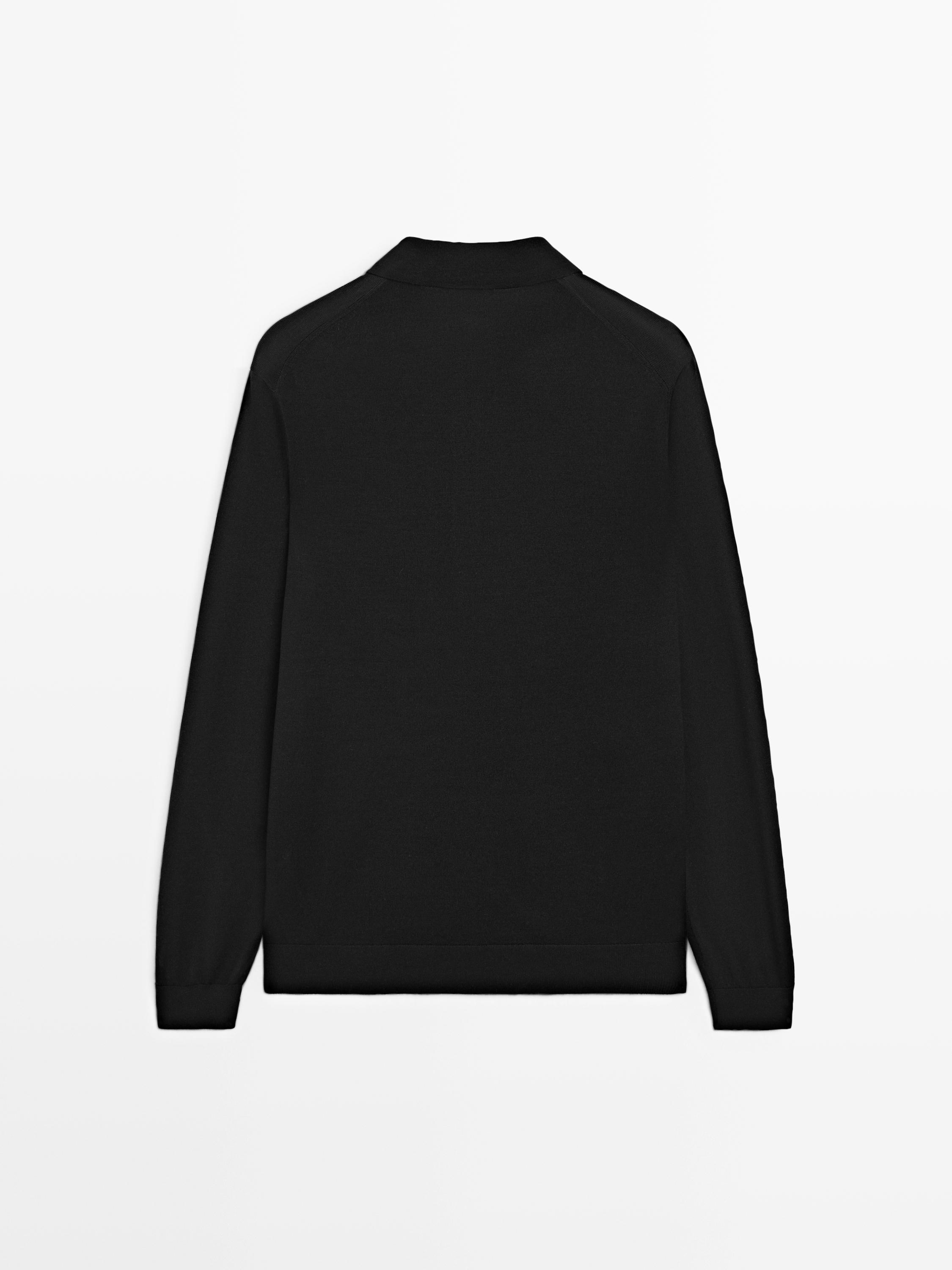 100% wool knit sweater with polo collar — BLACK
