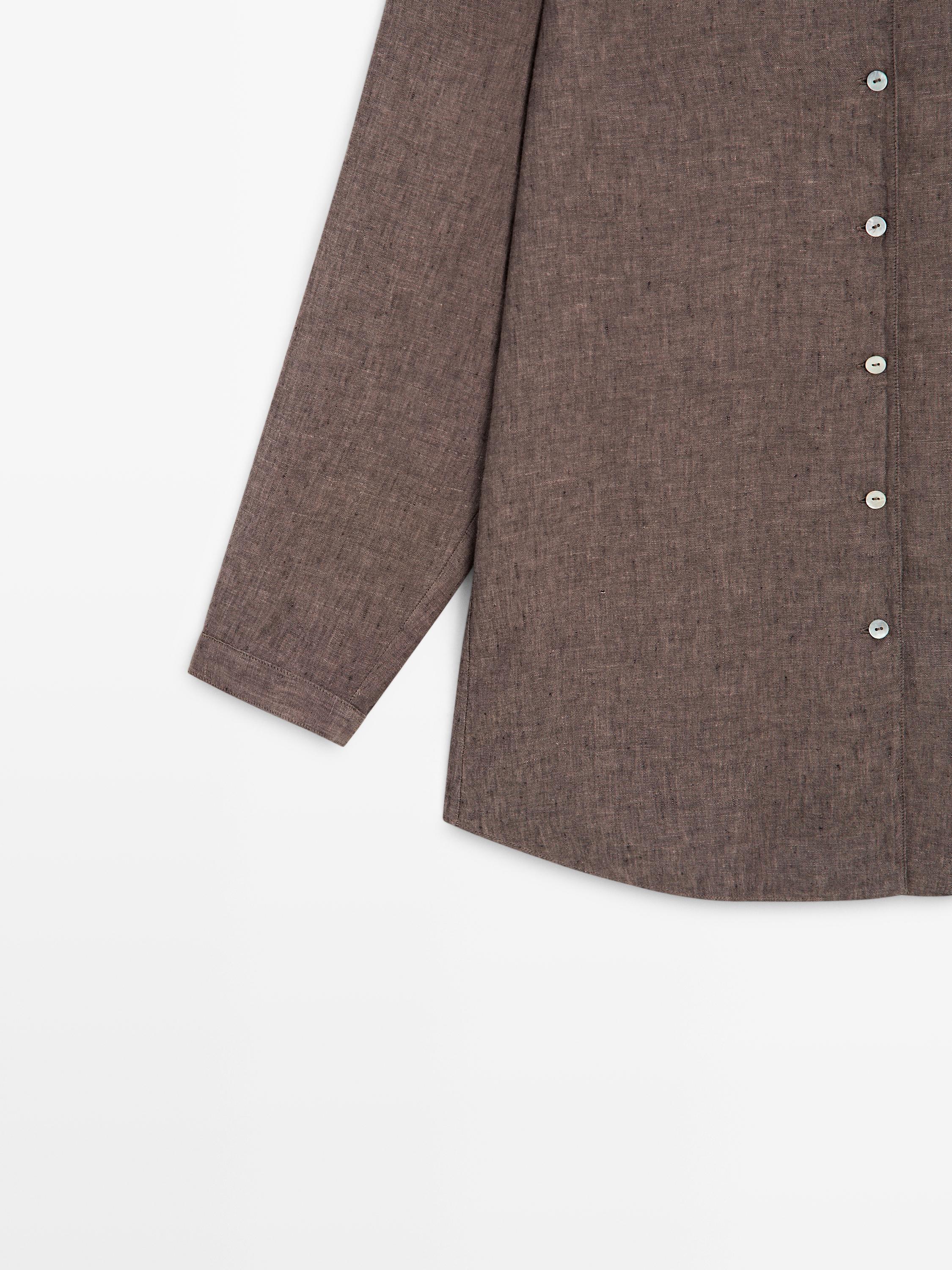 100% linen V-neck shirt — BROWN