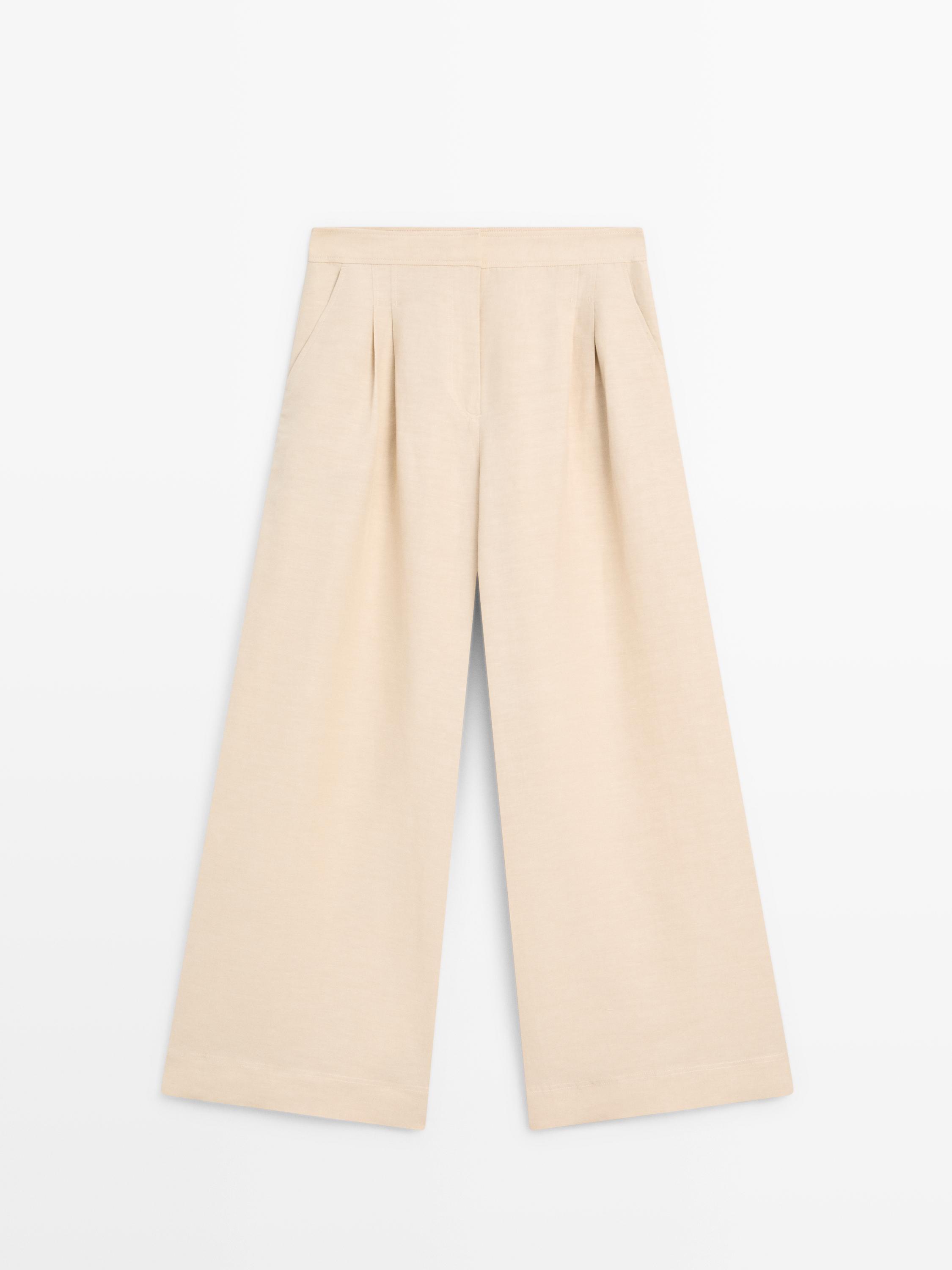 Linen blend darted wide-leg trousers
