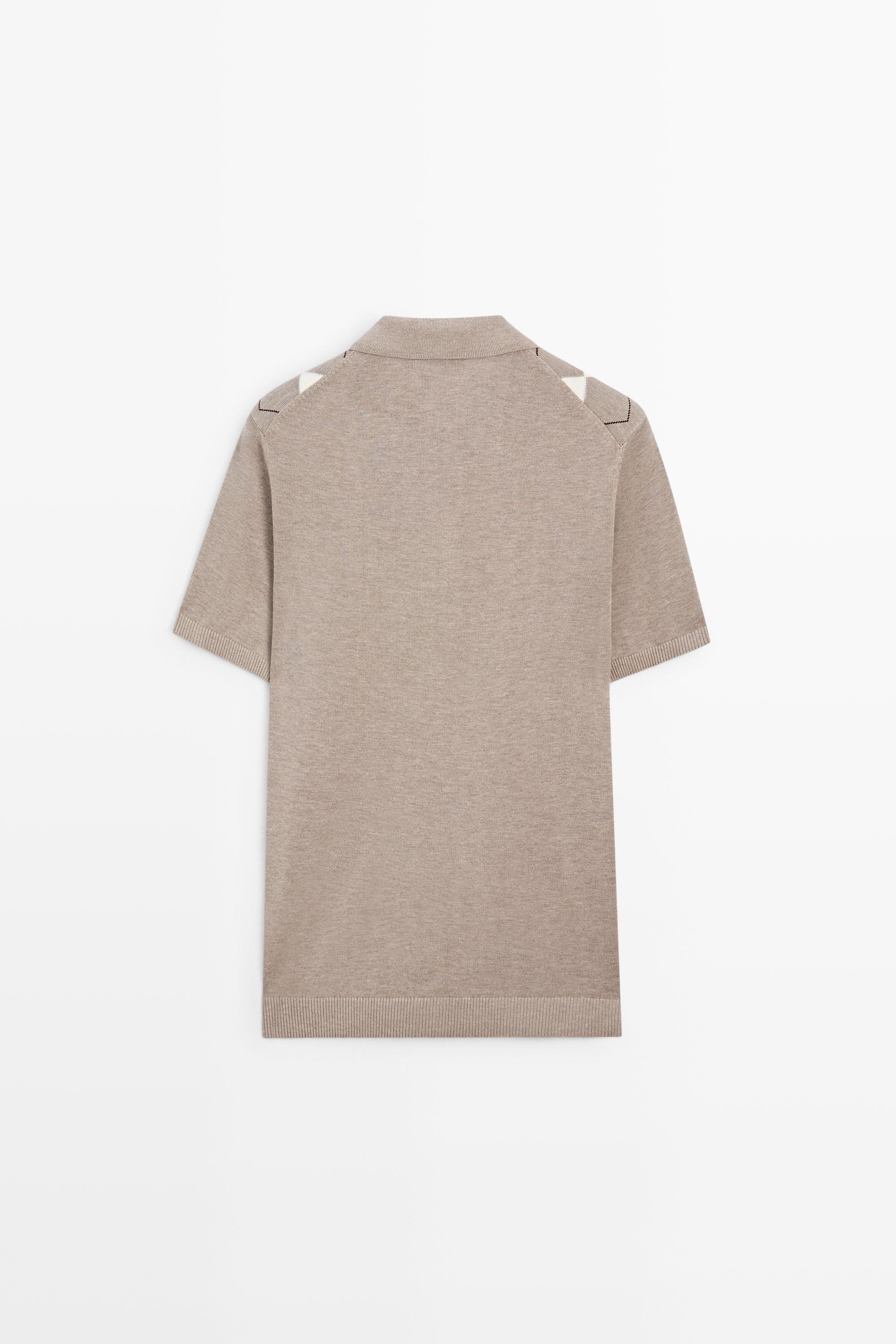 Cotton blend diamond pattern short sleeve polo shirt — BEIGE MARL