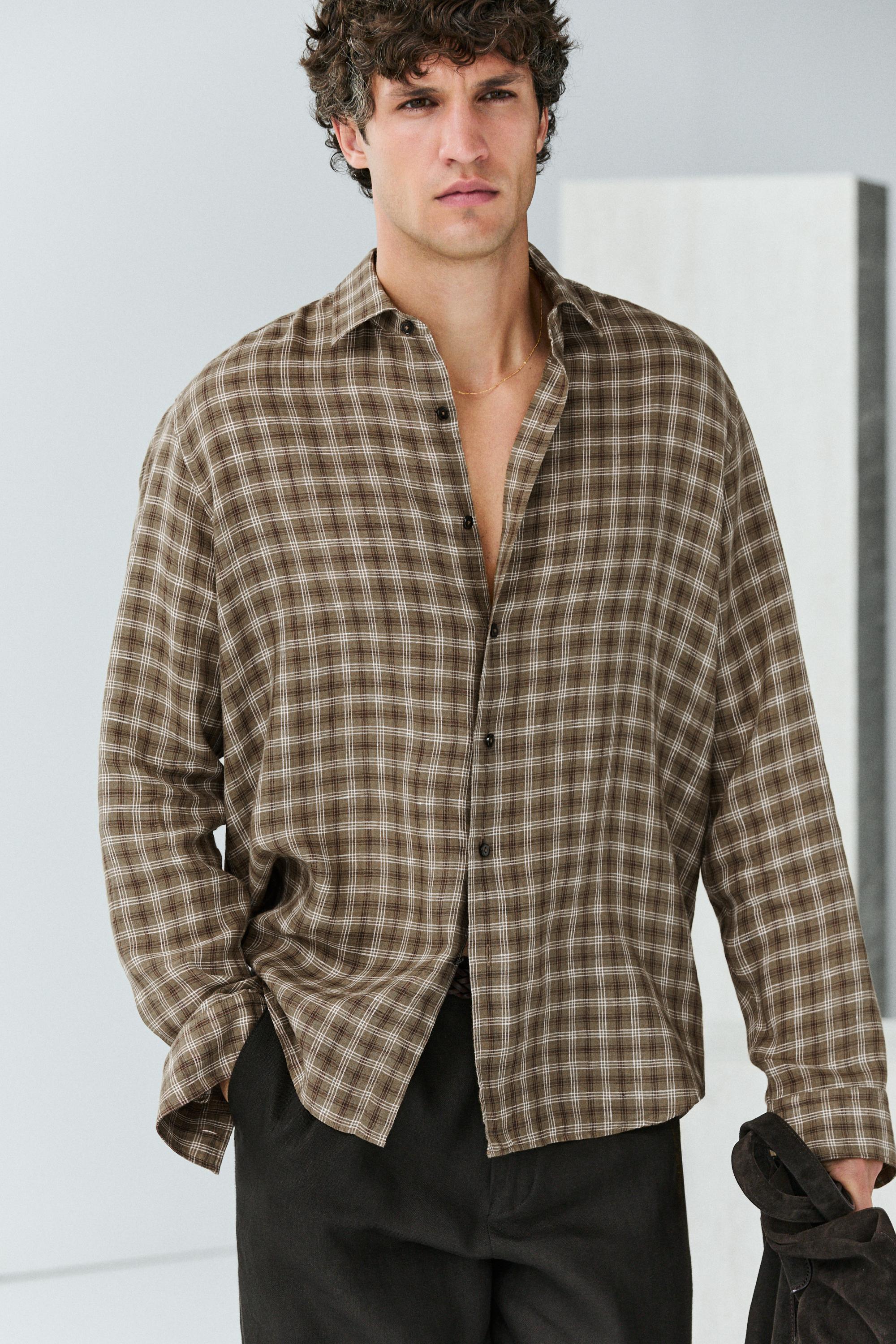 100% linen regular fit check shirt — BROWN MARL
