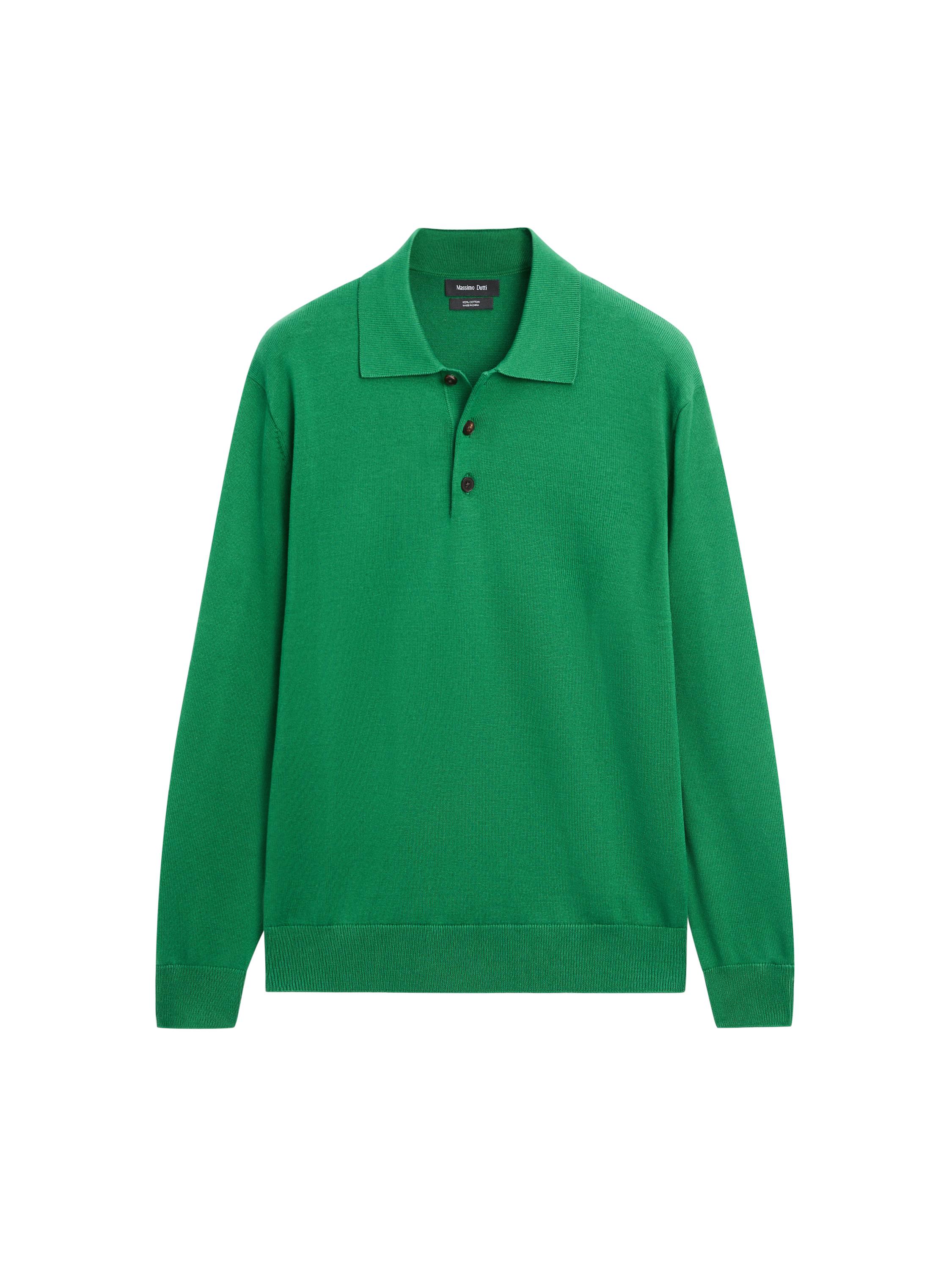 Cotton knit polo collar sweater — Green billiard