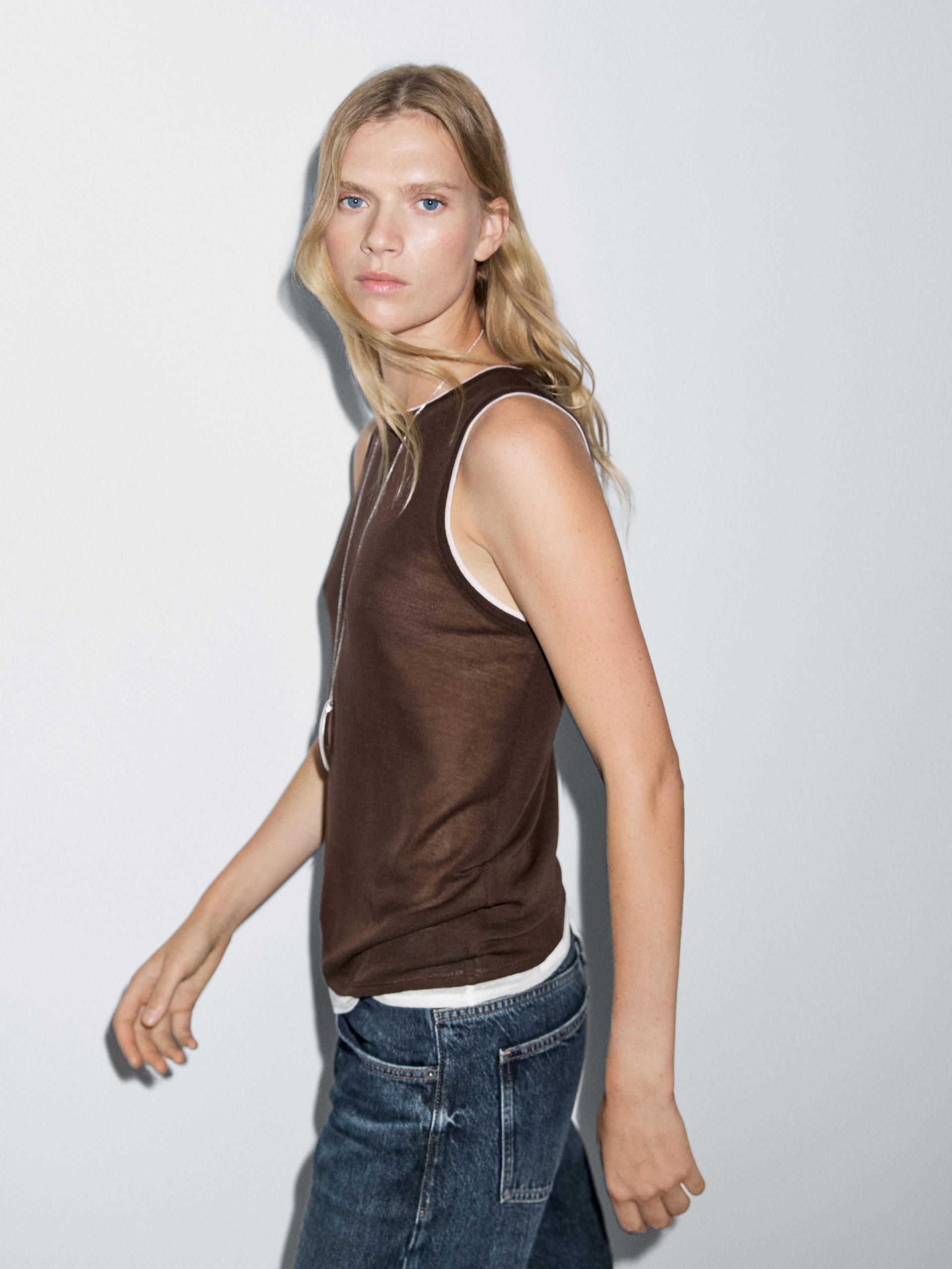 T-Shirt Sem Mangas Com Acabamento Duplo - Castanho - S - Massimo Dutti - Mulher
