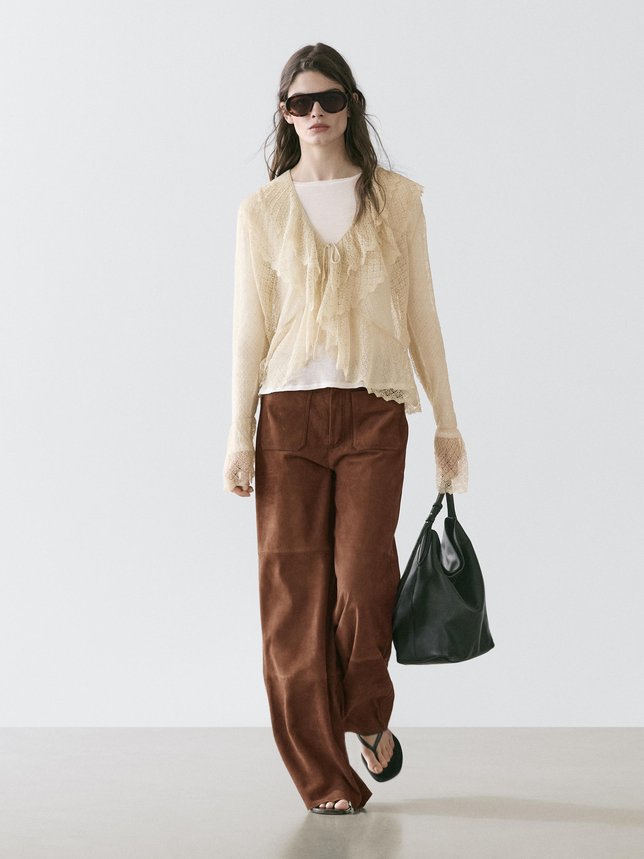 Suede leather wide-leg trousers with pockets — BROWN
