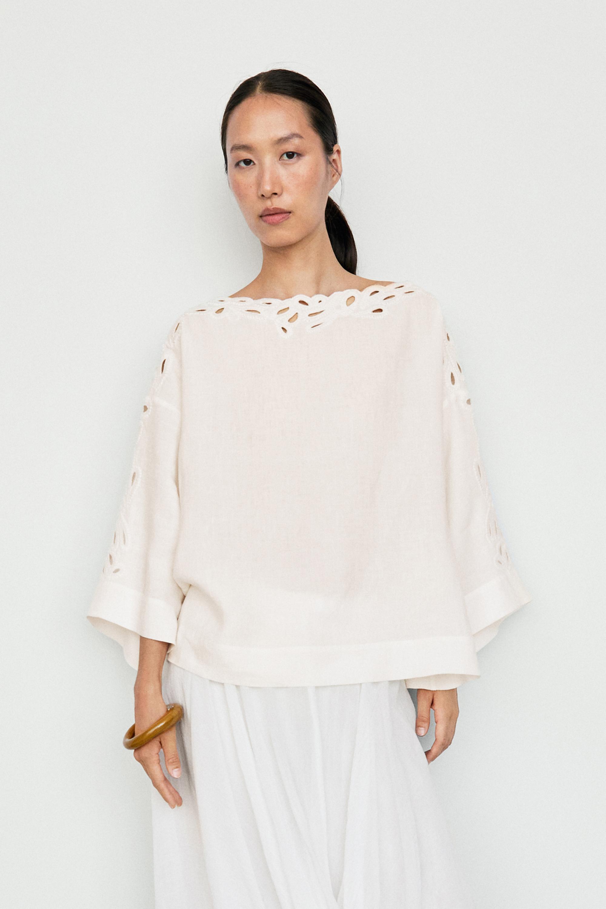 Linen boat neck blouse with embroidery — CREAM