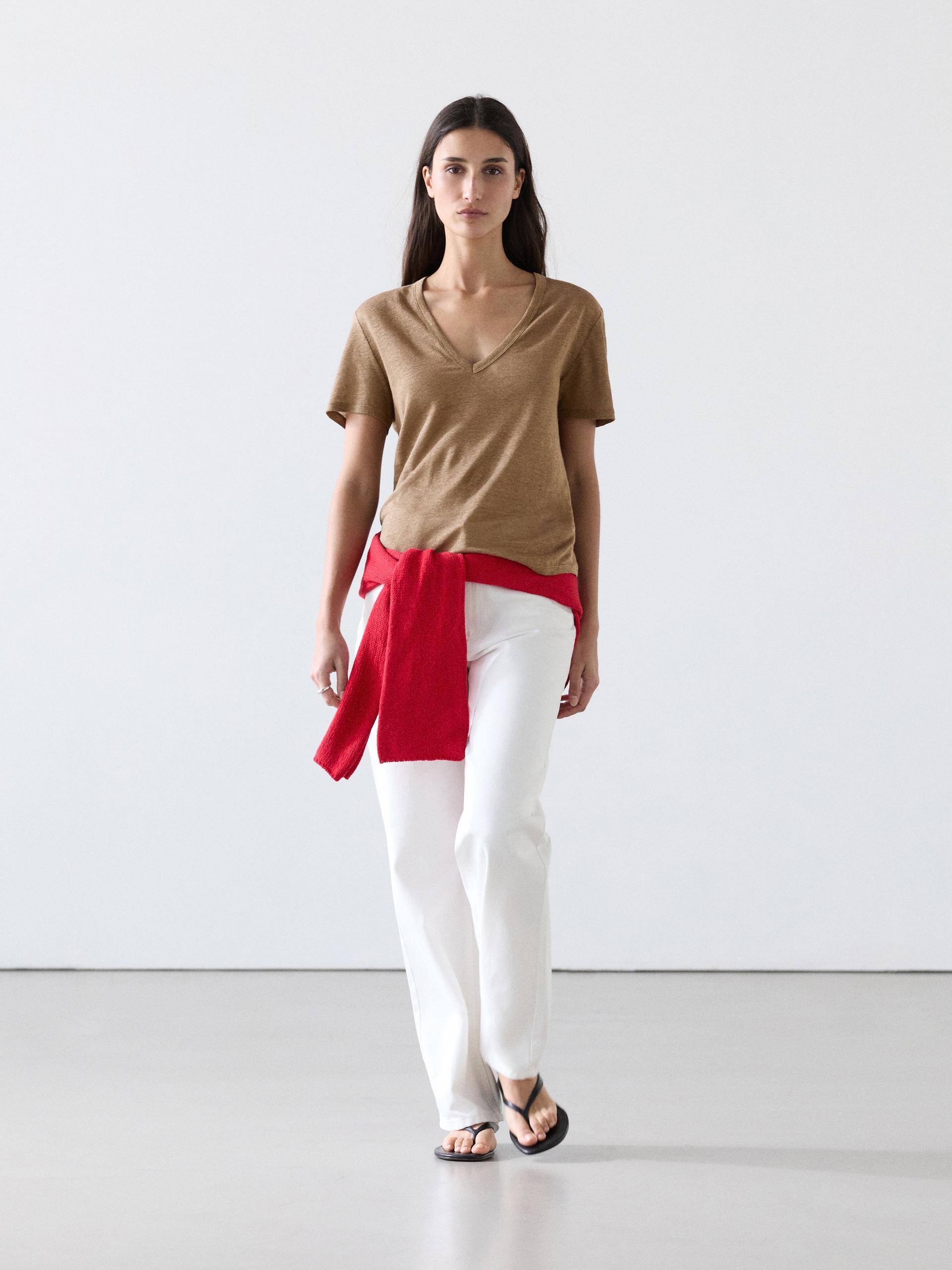 T-Shirt En Lin À Col En V - Brun Vigoré - S - Massimo Dutti - Femme