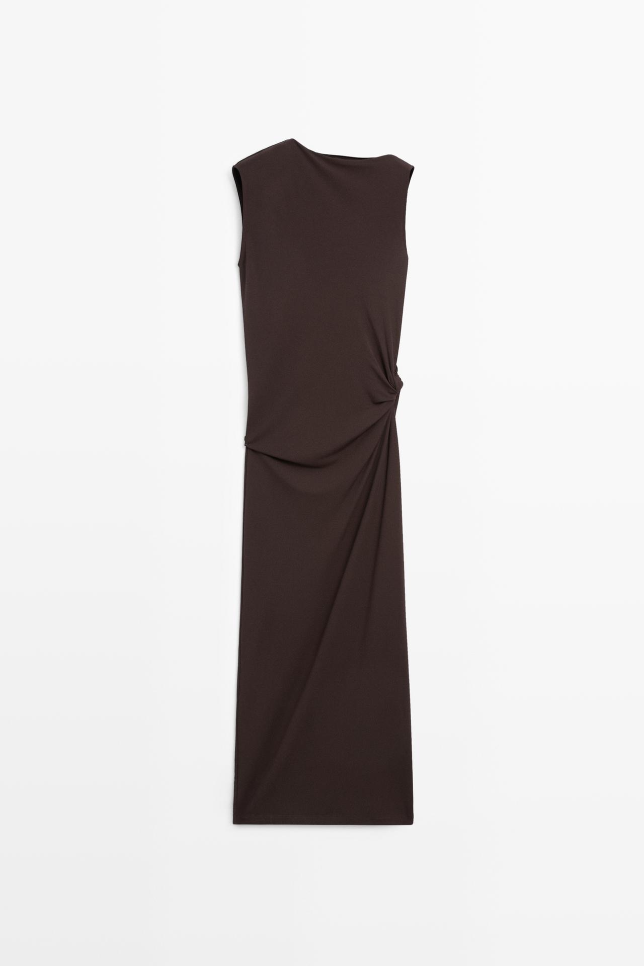 Asymmetric ruched midi dress — BROWN