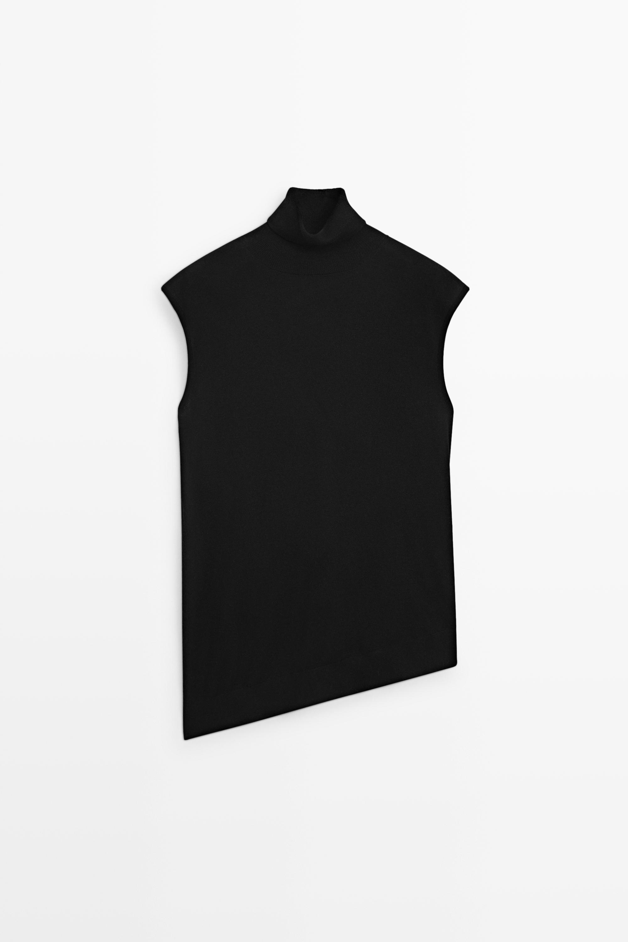 Asymmetric hem turtleneck top — BLACK