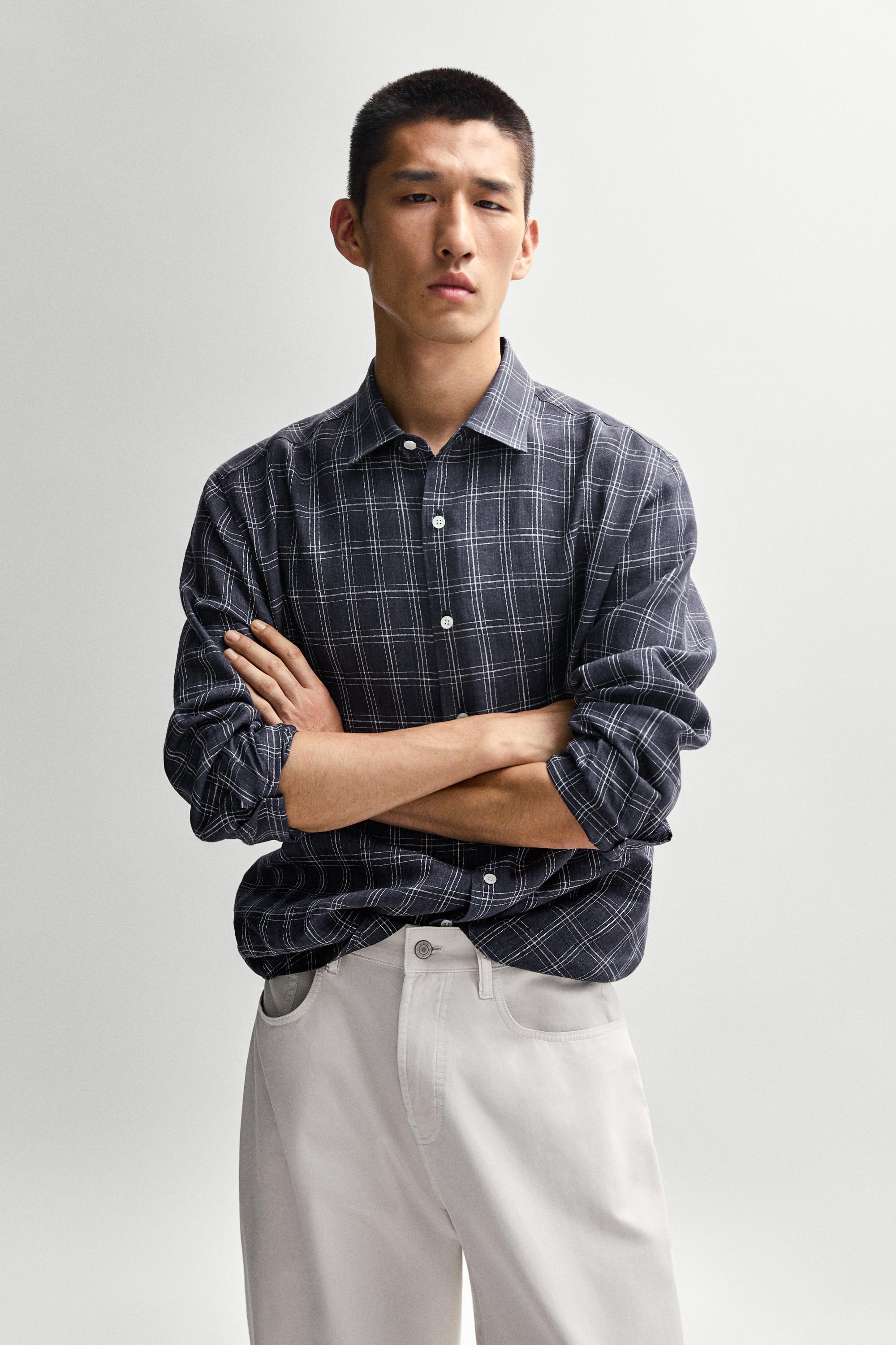 100% linen regular fit check shirt — DARK BLUE