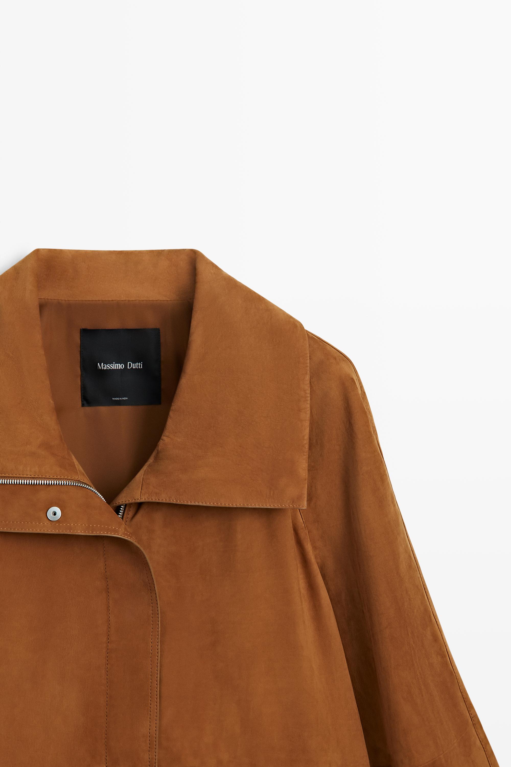 Nubuck leather high collar coat — COPPER