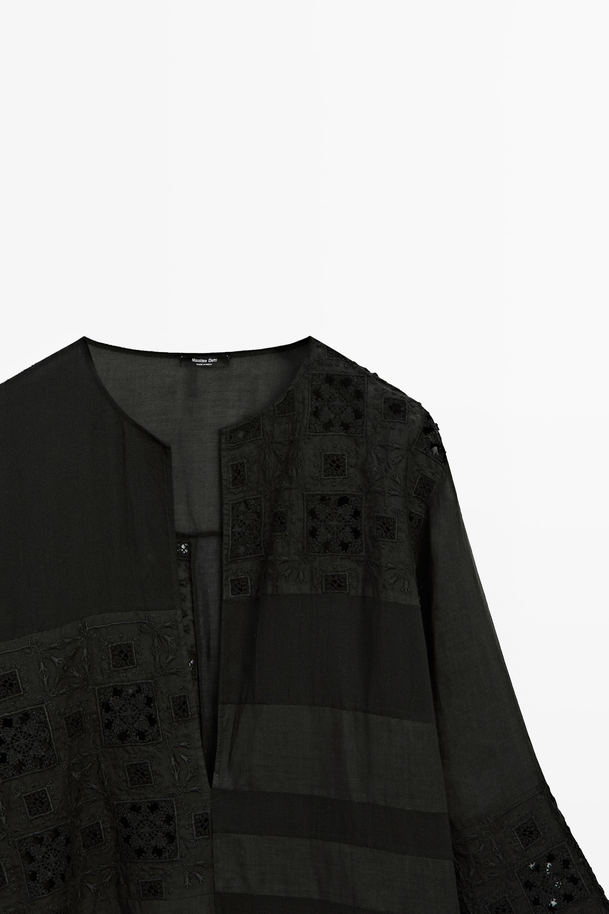 Flowing embroidered kaftan dress — BLACK