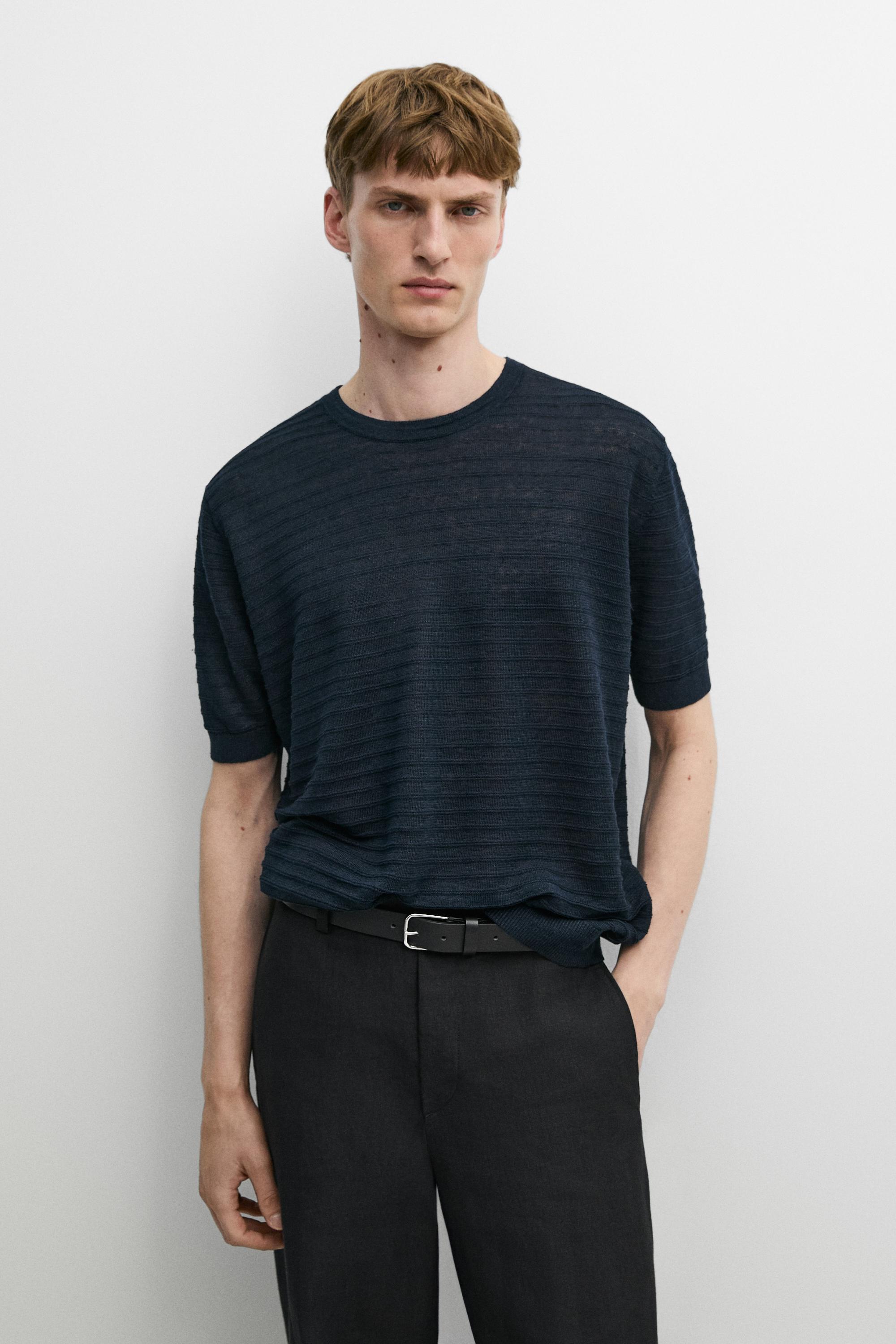 100% linen short sleeve knit sweater — NAVY BLUE