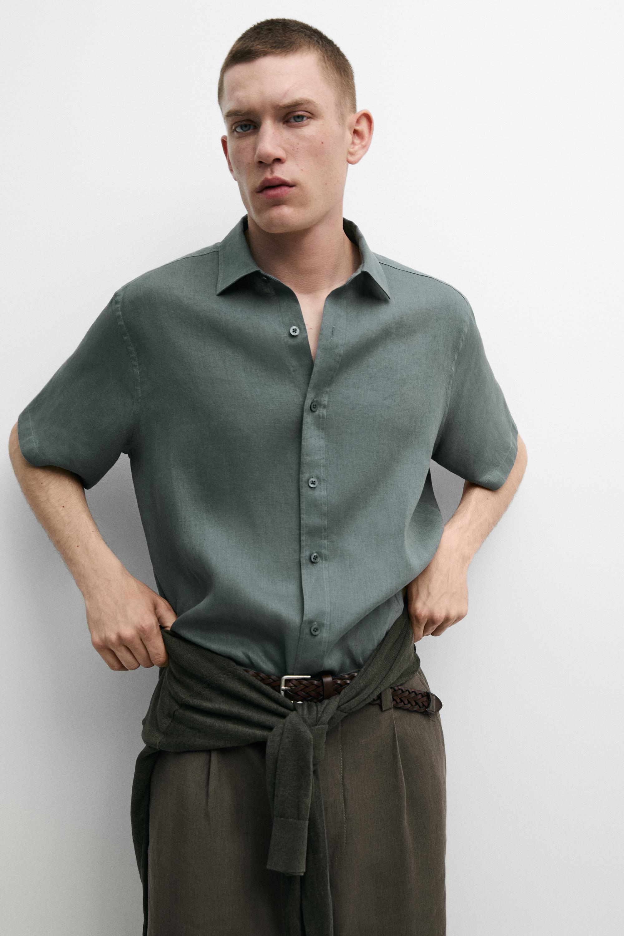 100% linen regular fit short sleeve shirt — GREY