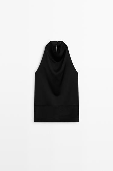 Flowing halter neck top with waistband effect — BLACK 2
