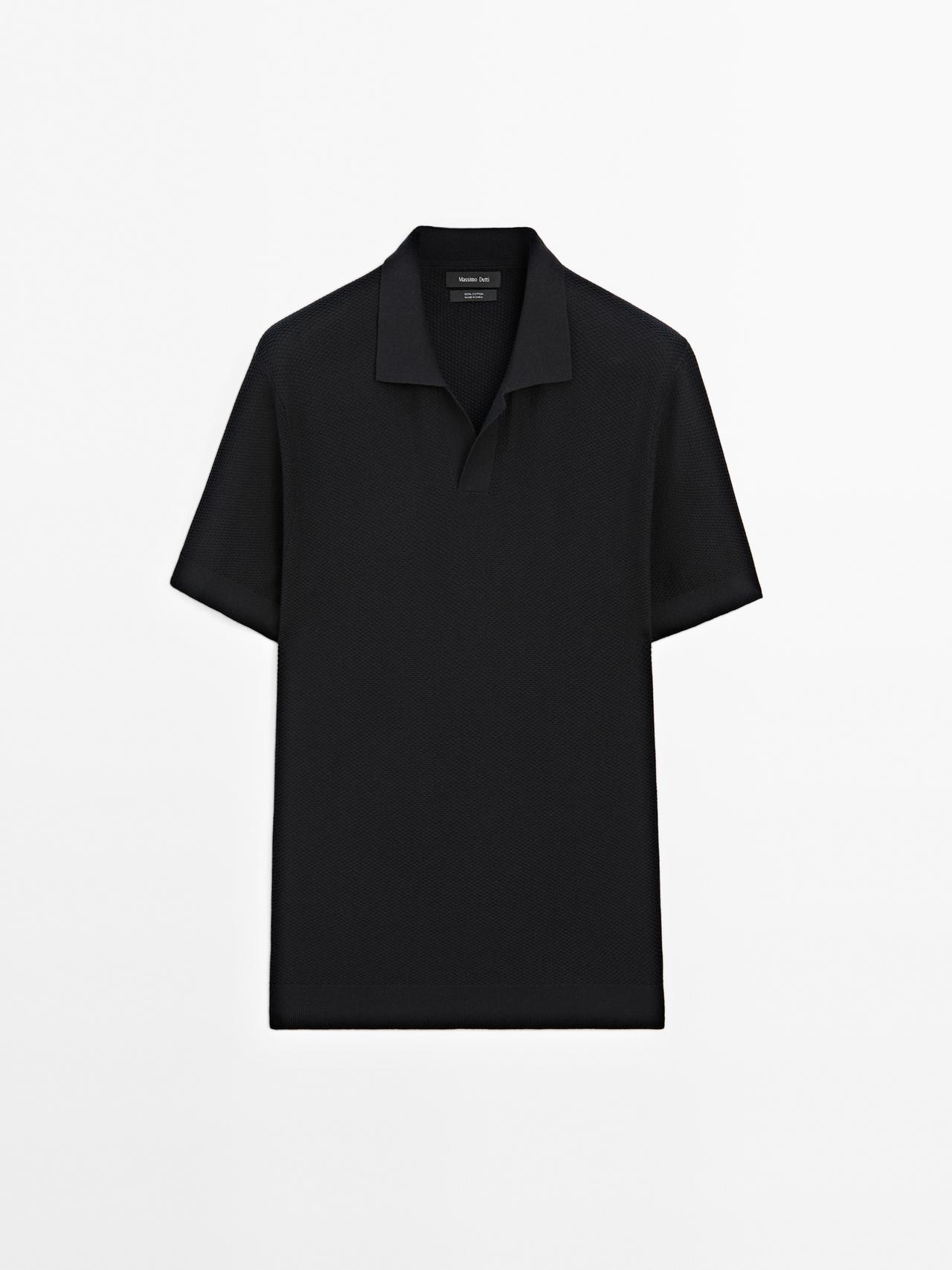 Massimo Dutti - Herre - Strukturvævet Poloshirt I Strik Med Korte Ærmer - Marineblå - Xl