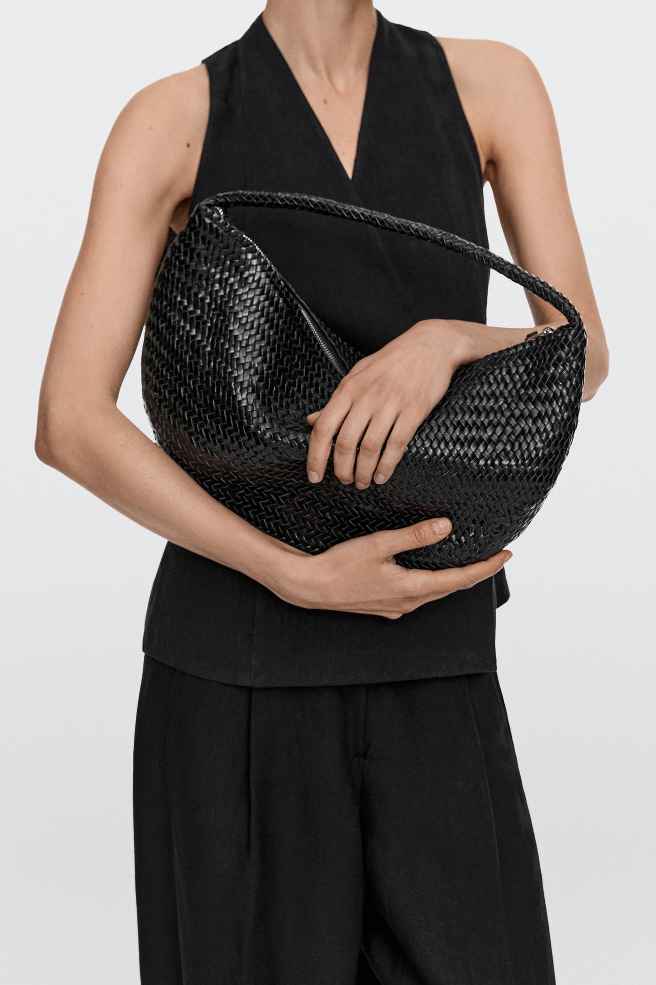 Braided leather half-moon bag — BLACK