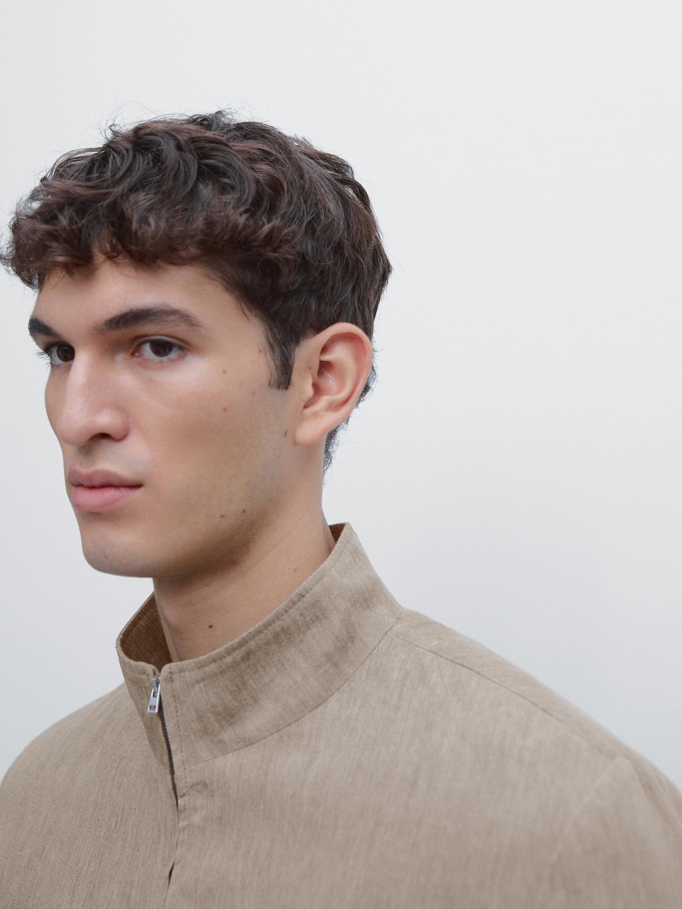 Faded total look linen bomber jacket — BROWN