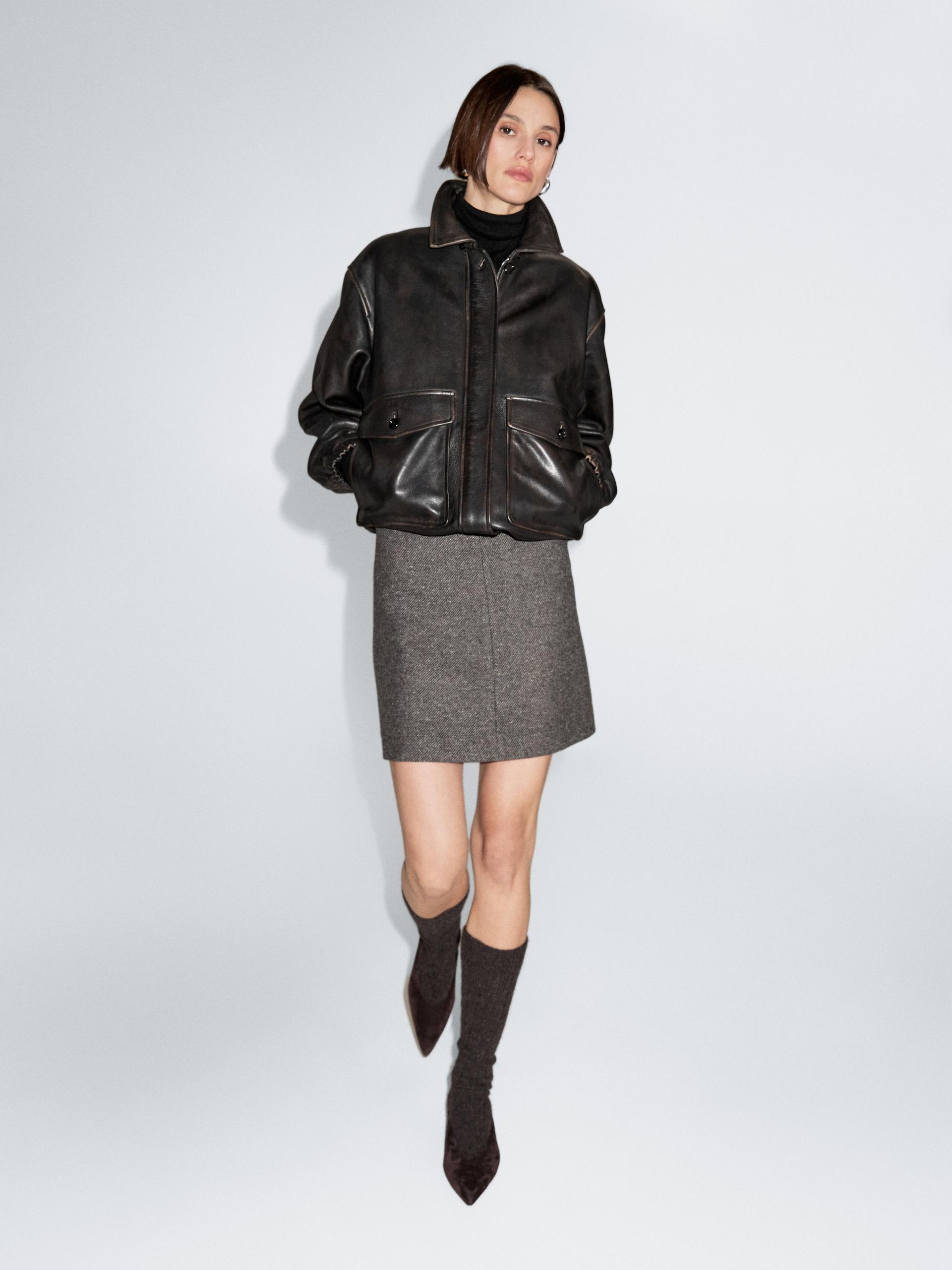 Jupe Courte Chinée En Alpaga De Laine - Gris Foncé - 34 - Massimo Dutti - Femme