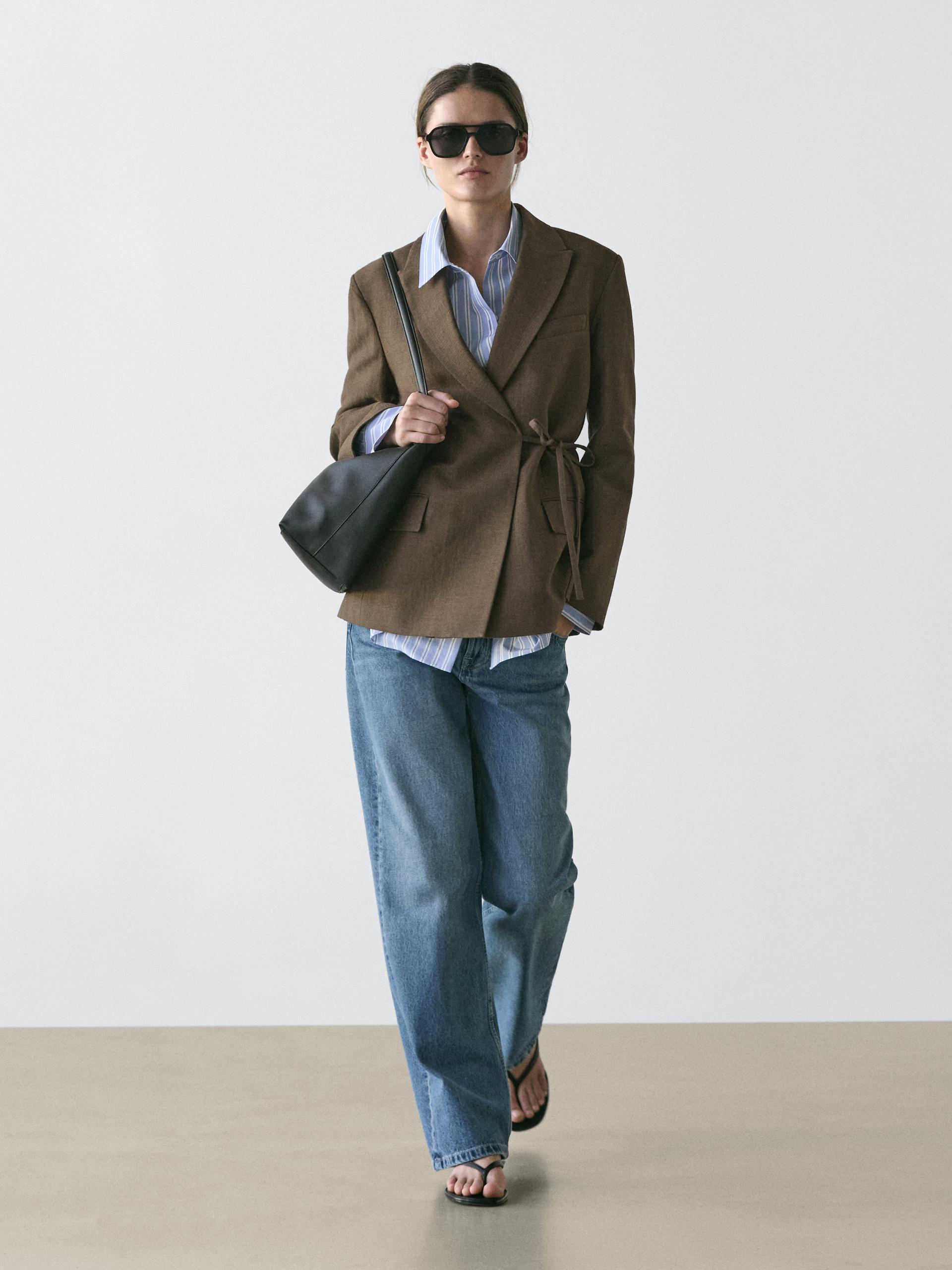 Blazer Croisé Nœud Coton Mélangé - Vert Foncé - 38 - Massimo Dutti - Femme