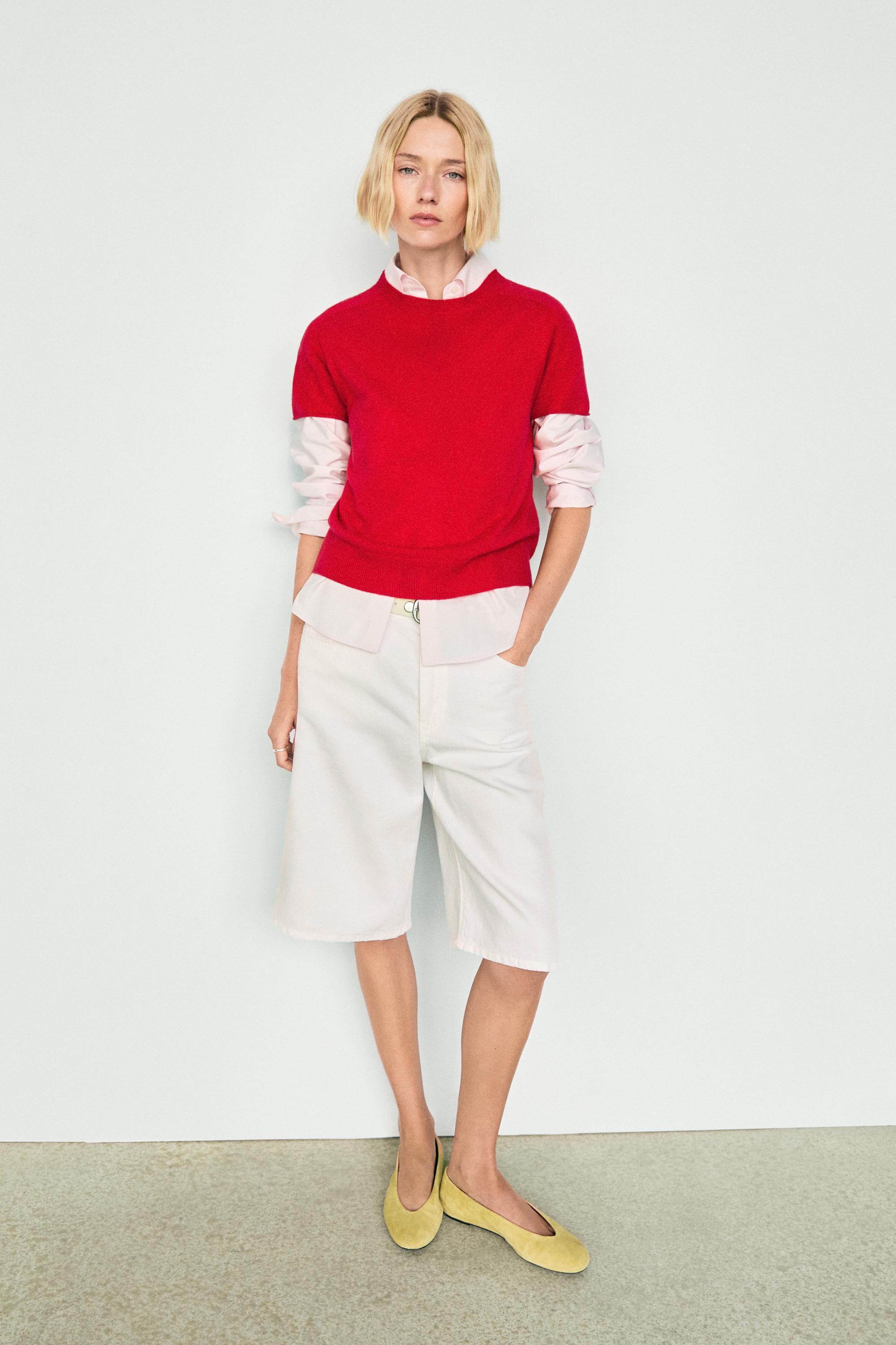 100% cashmere short sleeve knit sweater — RED