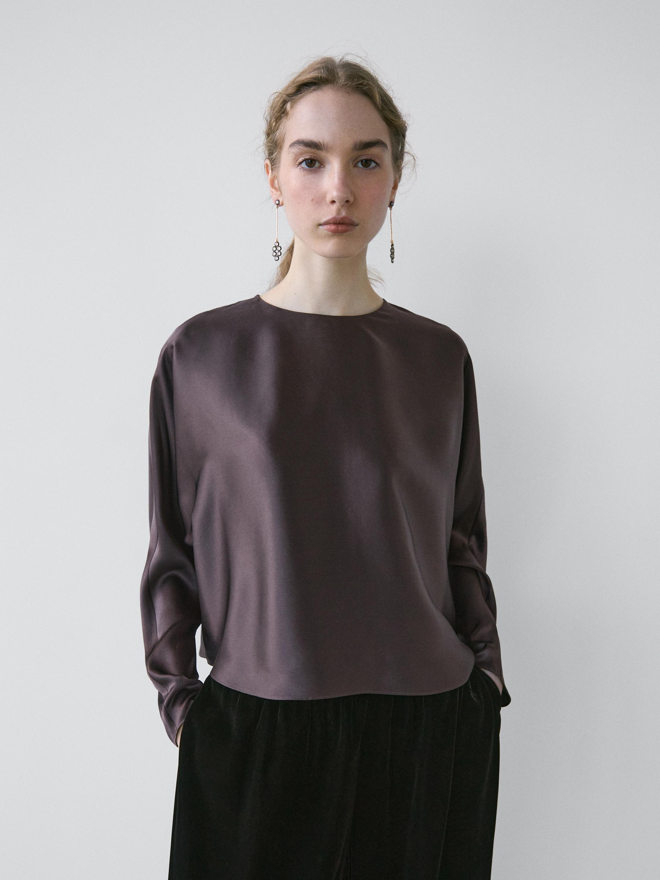 Camicetta corta con maniche a pipistrello 100% seta - Studio · Marrone Topo, Ecru · Camiceria | Massimo Dutti